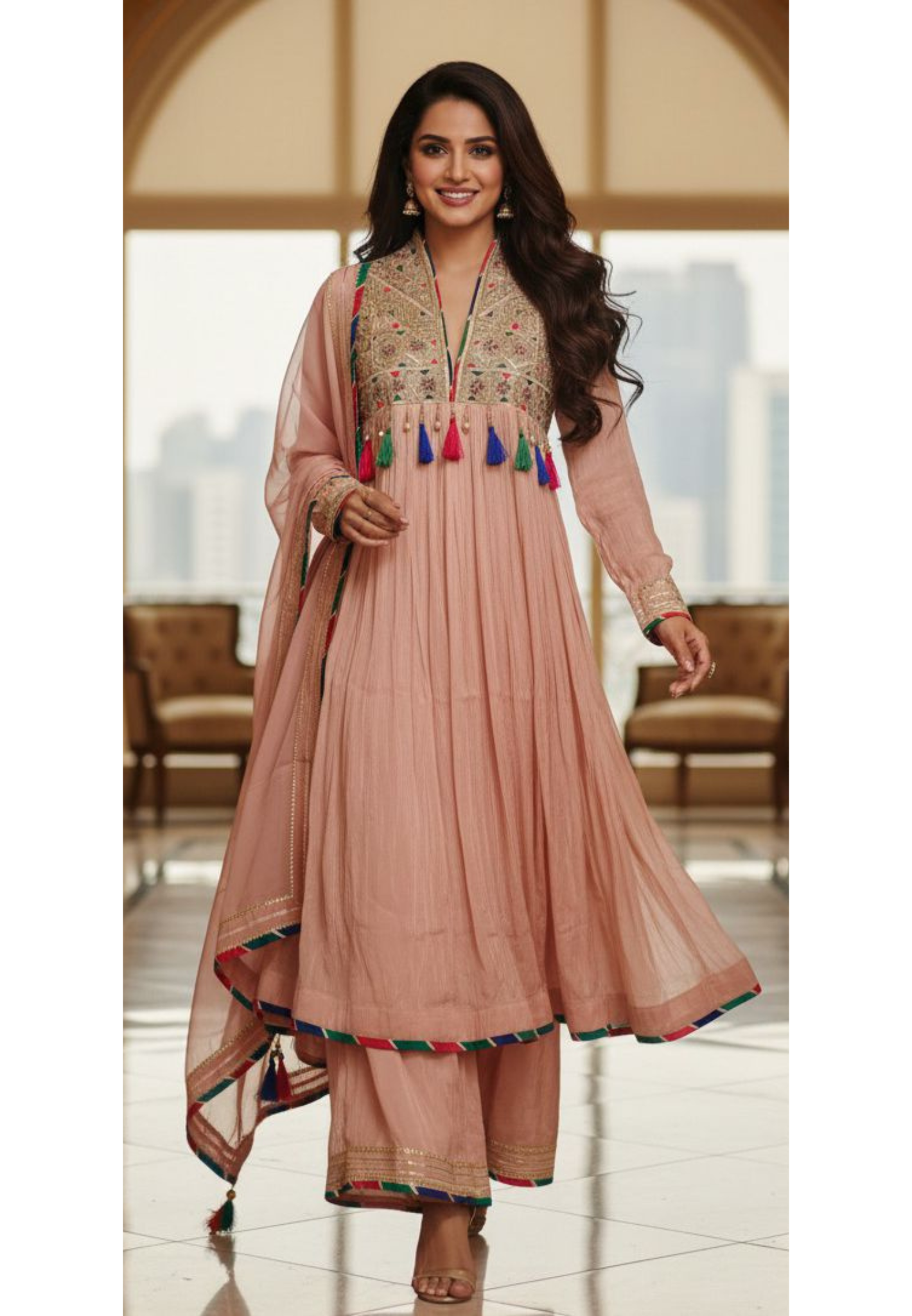 Blush Pink Crushed Silk Anarkali with Heavy Mirror and Thread Embroidery on Yoke, Multicolor Tassel Detailing Full Suit Set