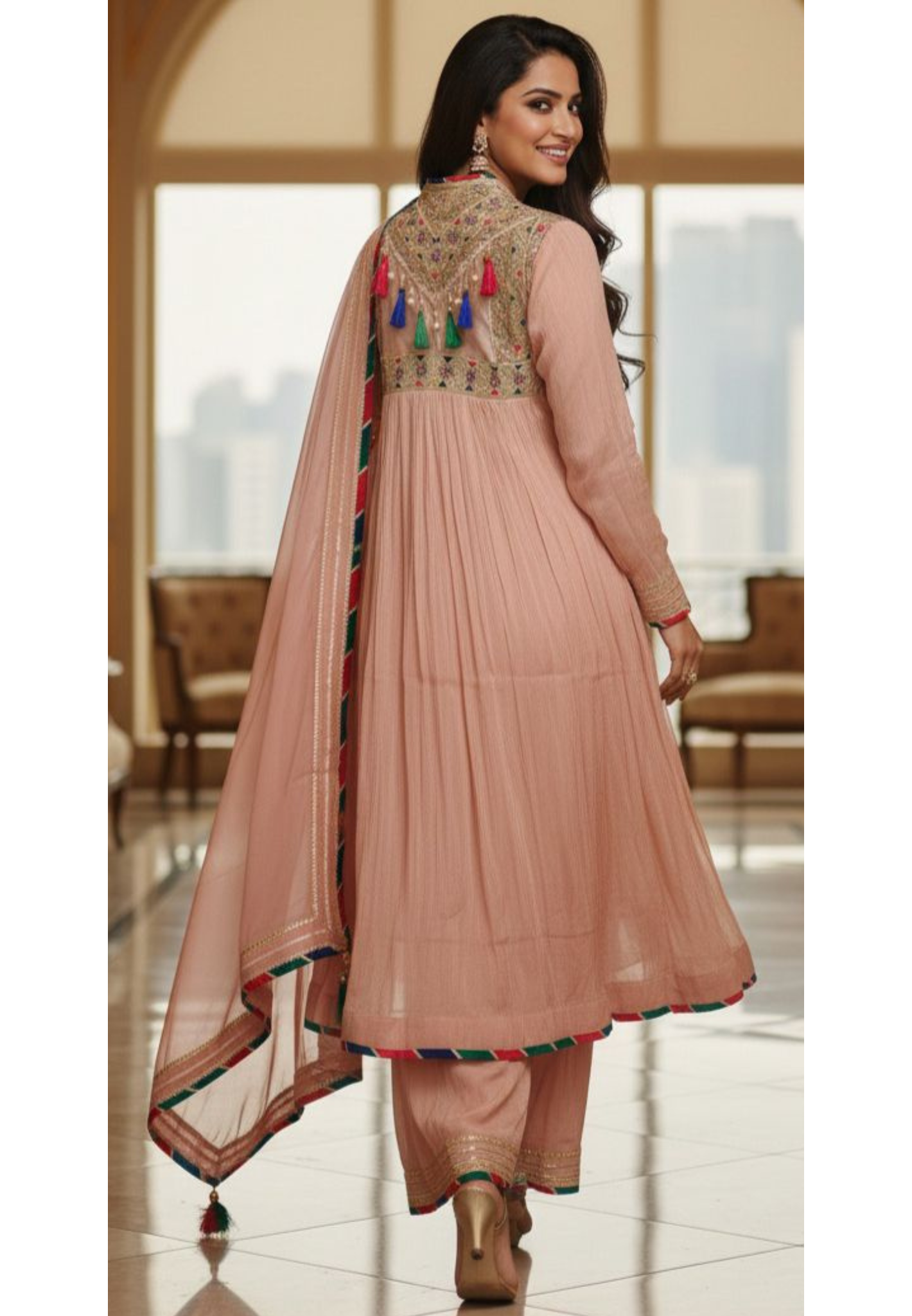 Blush Pink Crushed Silk Anarkali with Heavy Mirror and Thread Embroidery on Yoke, Multicolor Tassel Detailing Full Suit Set