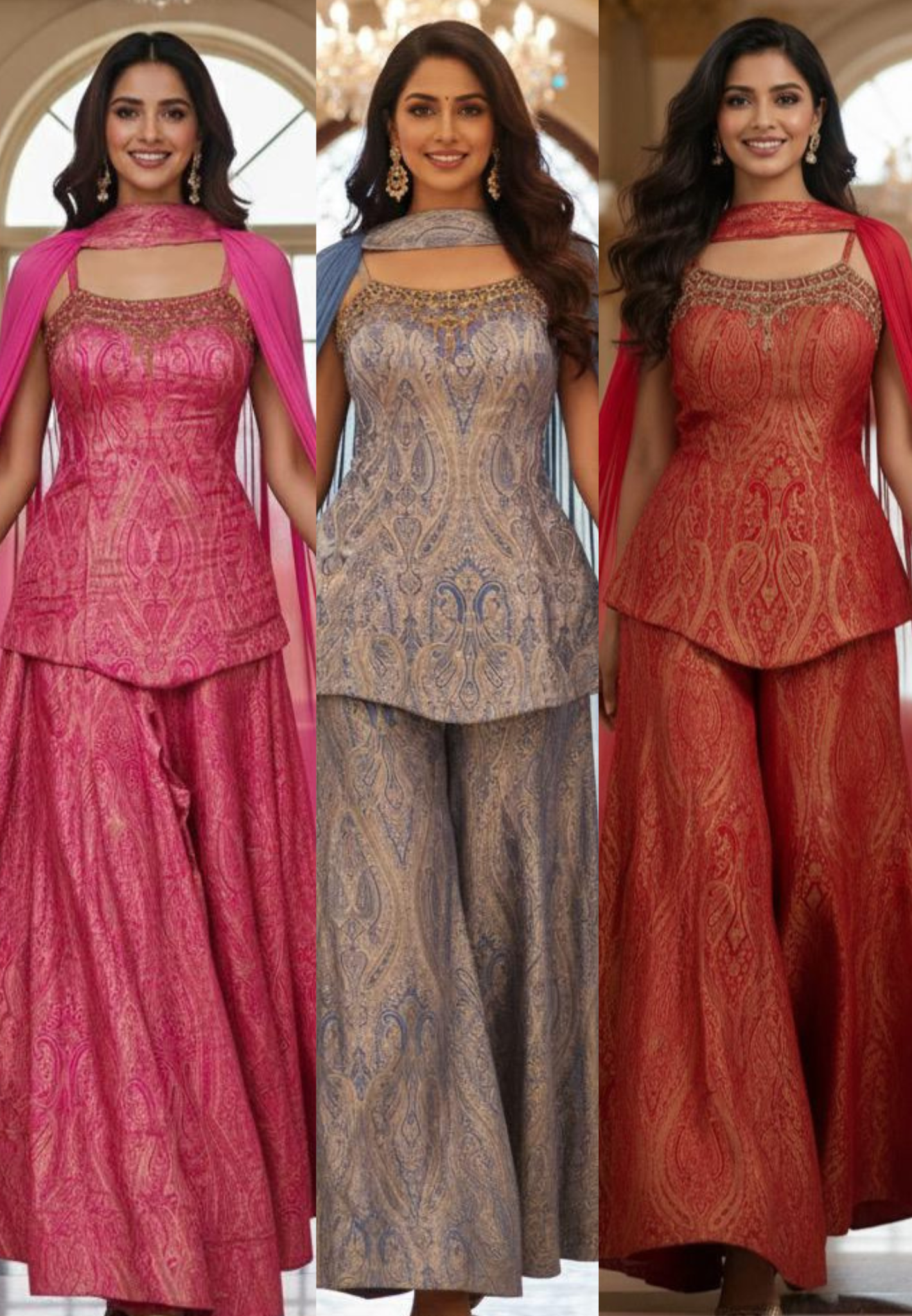 Neck Piece Look Jewel Handwork Pure Brocade Sleeveless Padded Short Length Kurta With Flared Palazzo Bottom & Choker Dupatta