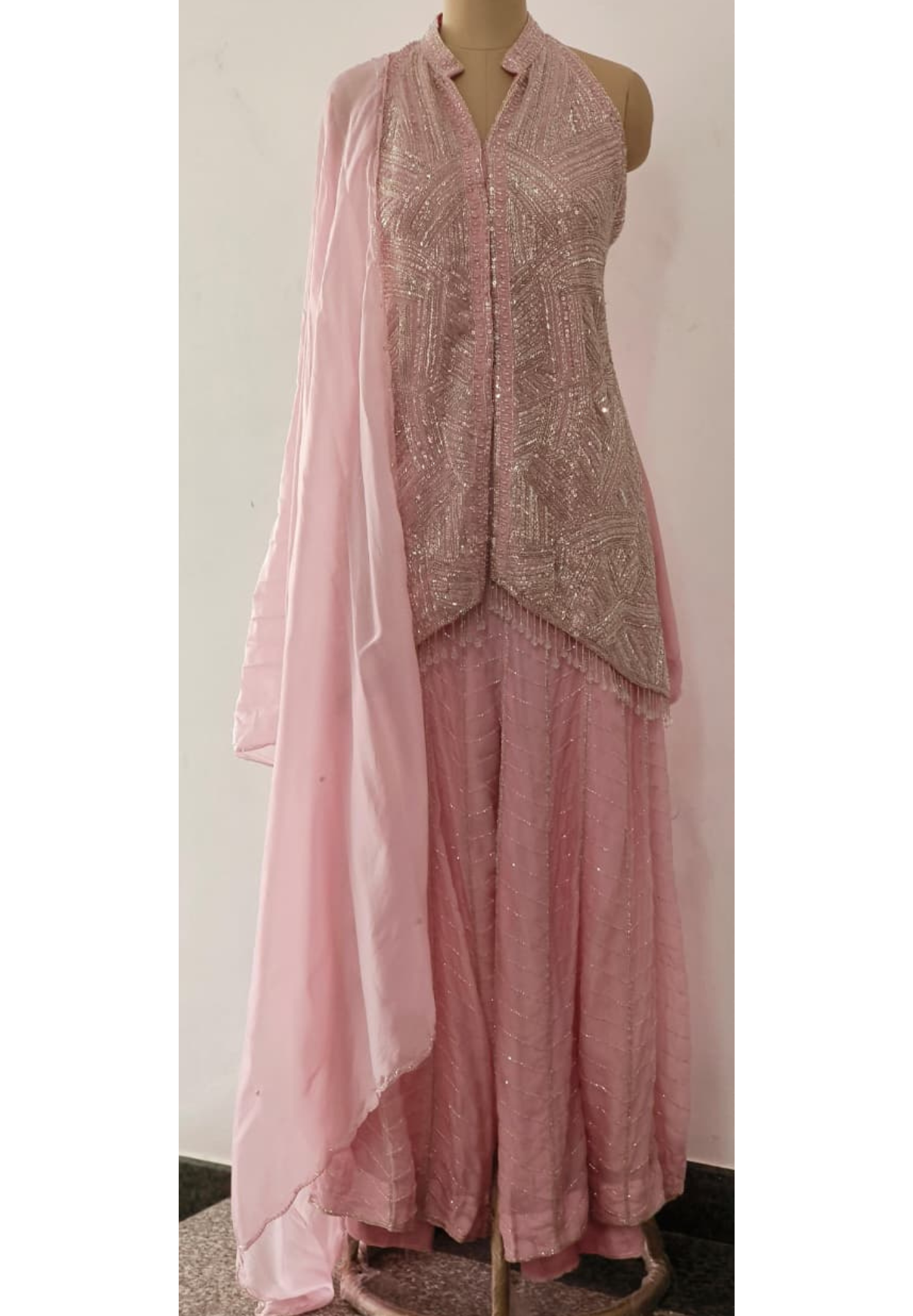 Very Elegant Crystal Tassel With Complete Cut Dana & Sequin Overloaded Handwork Sleeveless Butterfly Cut Kurta With Loose Palazzo Bottom & Organza Dupatta- 11767