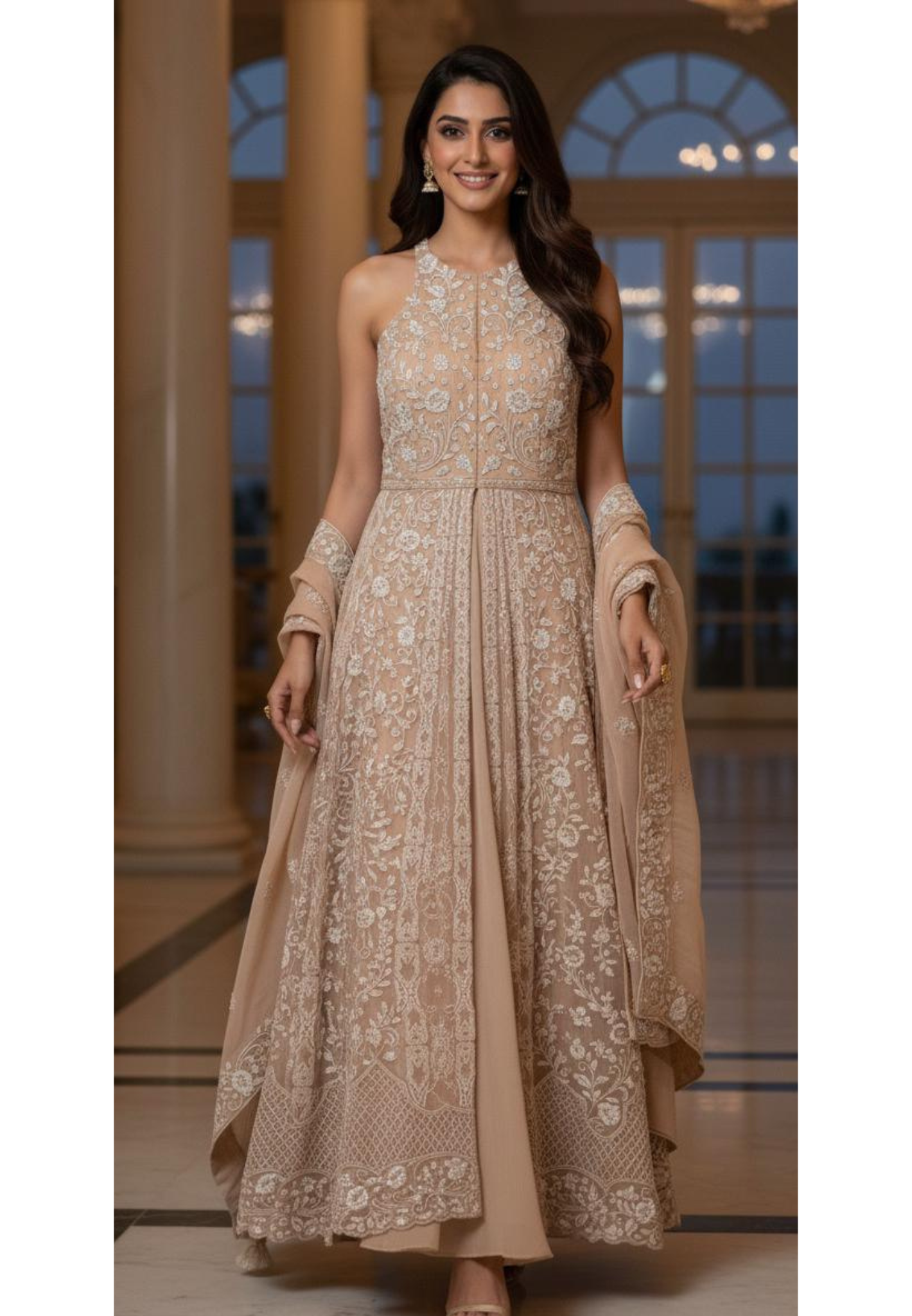 Thread Emboidered Stone Overlay Unique Back Style Front Slitted Sleeveless Anarkali With Bottom & Dupatta- 12044