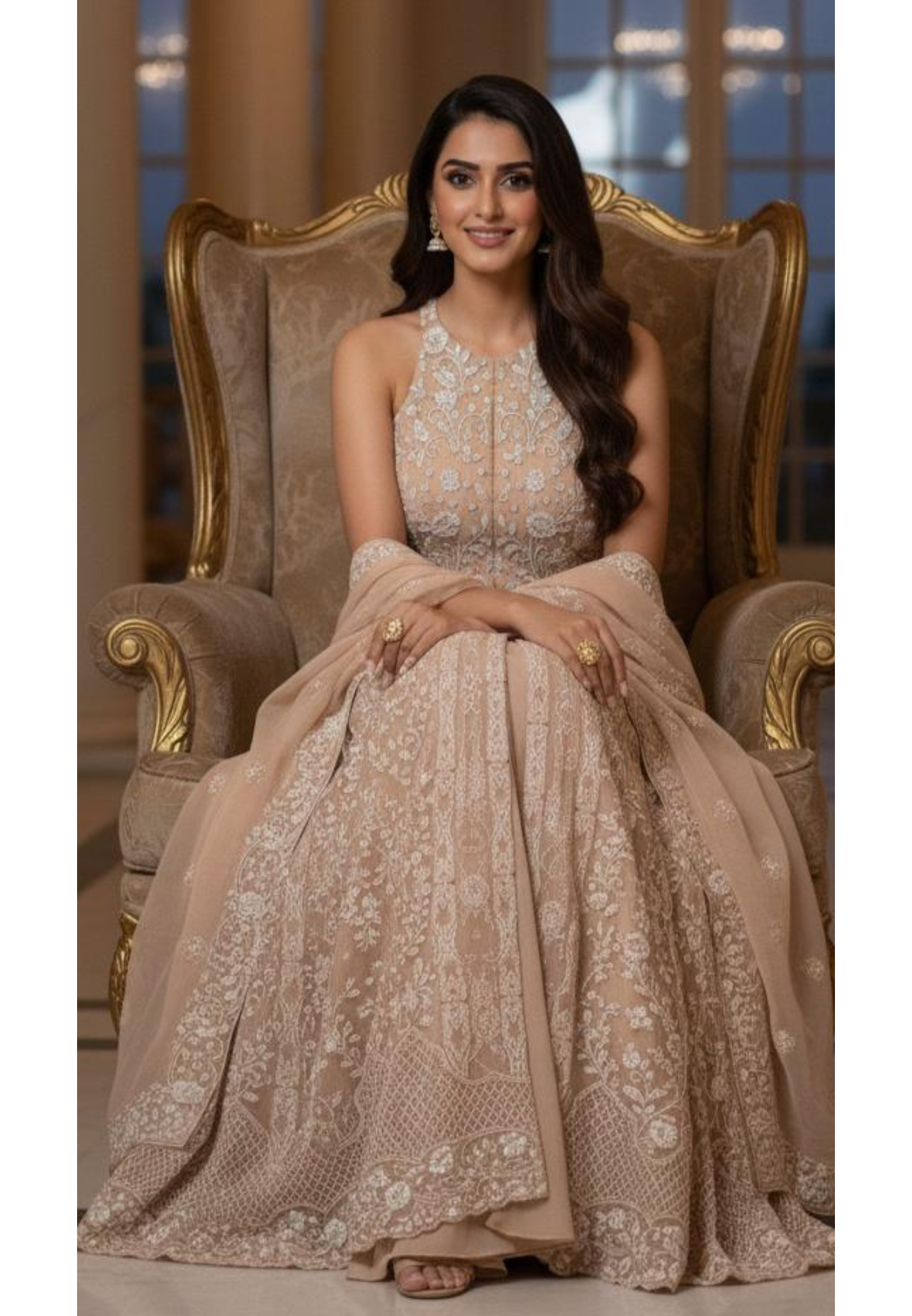 Thread Emboidered Stone Overlay Unique Back Style Front Slitted Sleeveless Anarkali With Bottom & Dupatta- 12044
