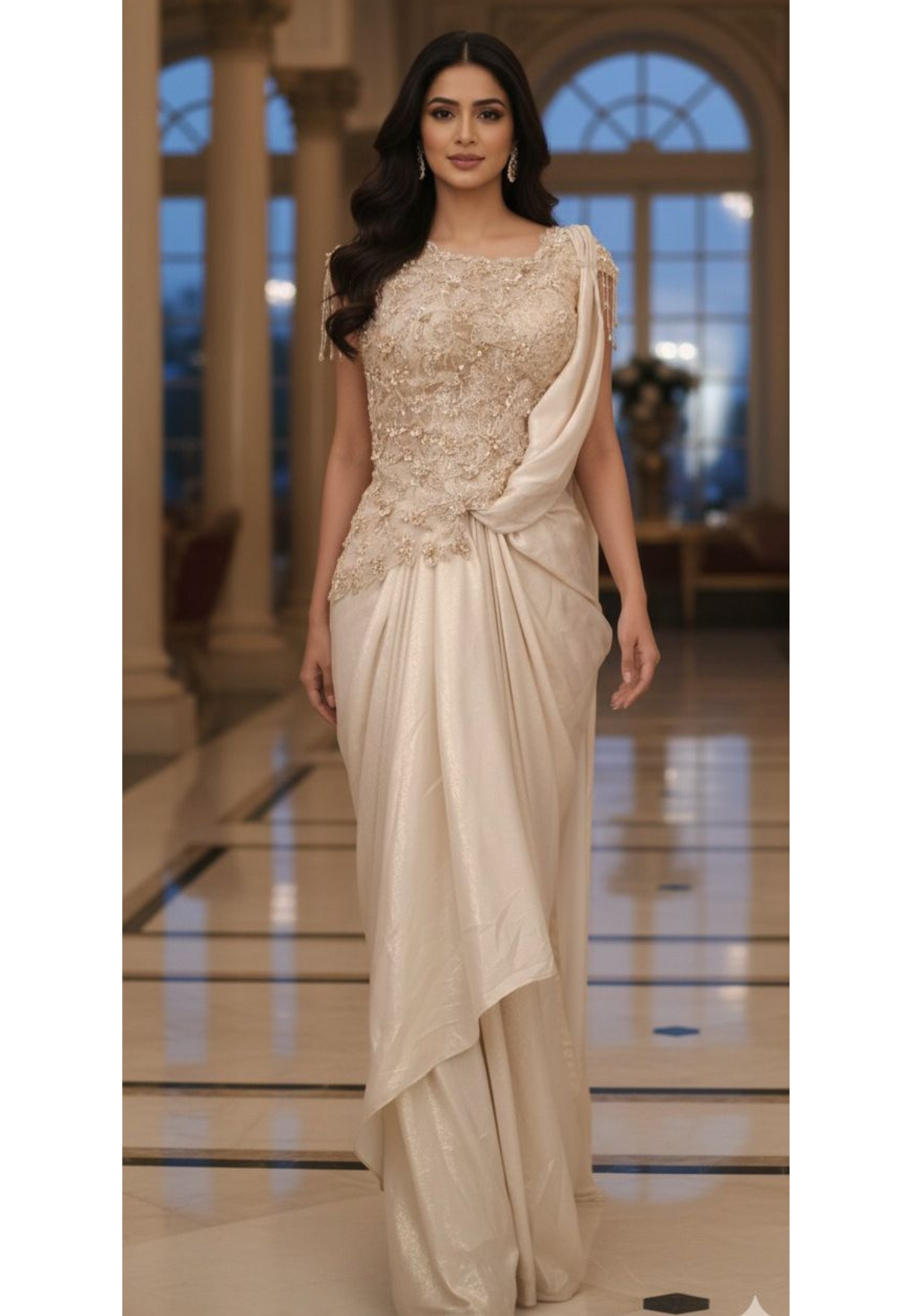 Overloaded Beads Embezzled Crystal Tassel Handwork Padded Side Cut Blouse Drape Skirt