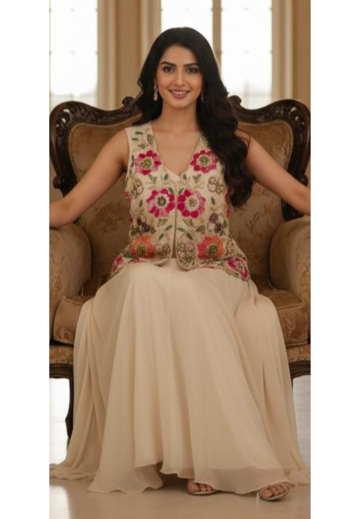 3D Look Floral Embroidery Handwork Sleeveless Jacket With Buster & Flared Palazzo Bottom