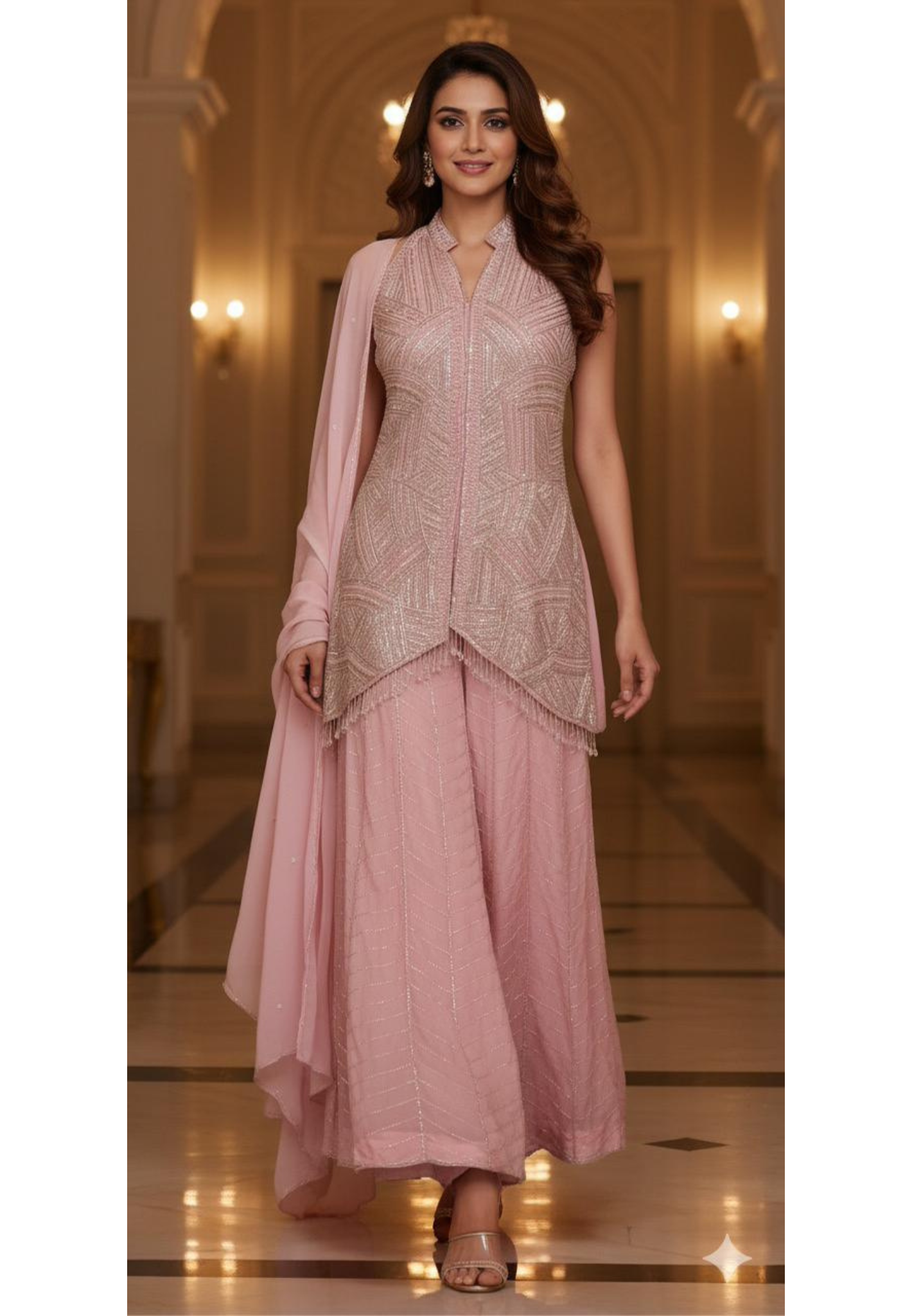 Very Elegant Crystal Tassel With Complete Cut Dana & Sequin Overloaded Handwork Sleeveless Butterfly Cut Kurta With Loose Palazzo Bottom & Organza Dupatta- 11767