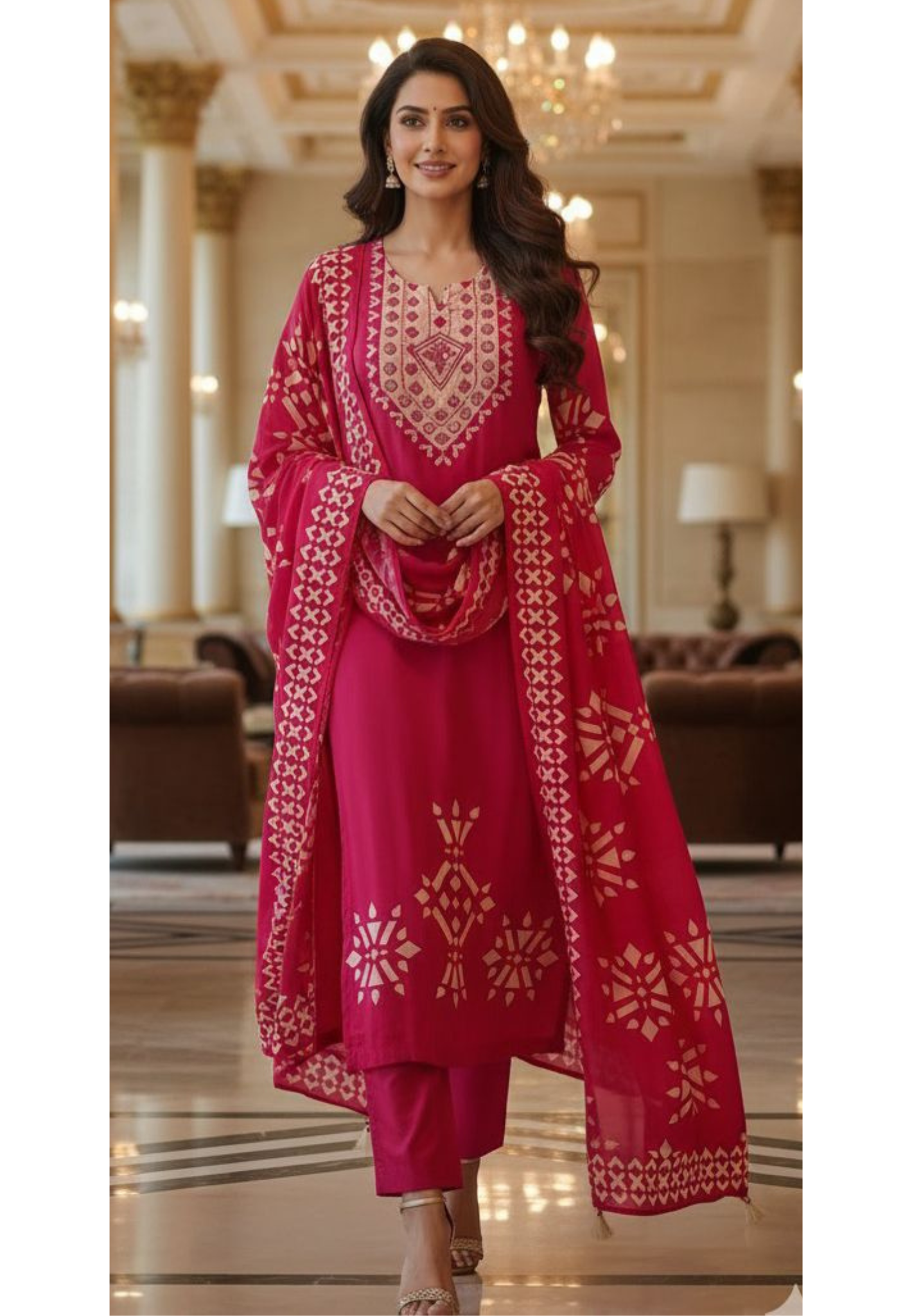 Real Mirror Yoke Abstract Print Full Suit Set With Dupatta In Crepe Fabric