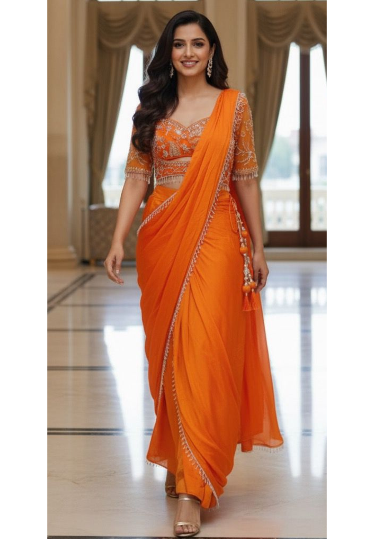 Crystal Tasselled Unique Cut Handworked Blouse With Drape Skirt Indo Western Wear
