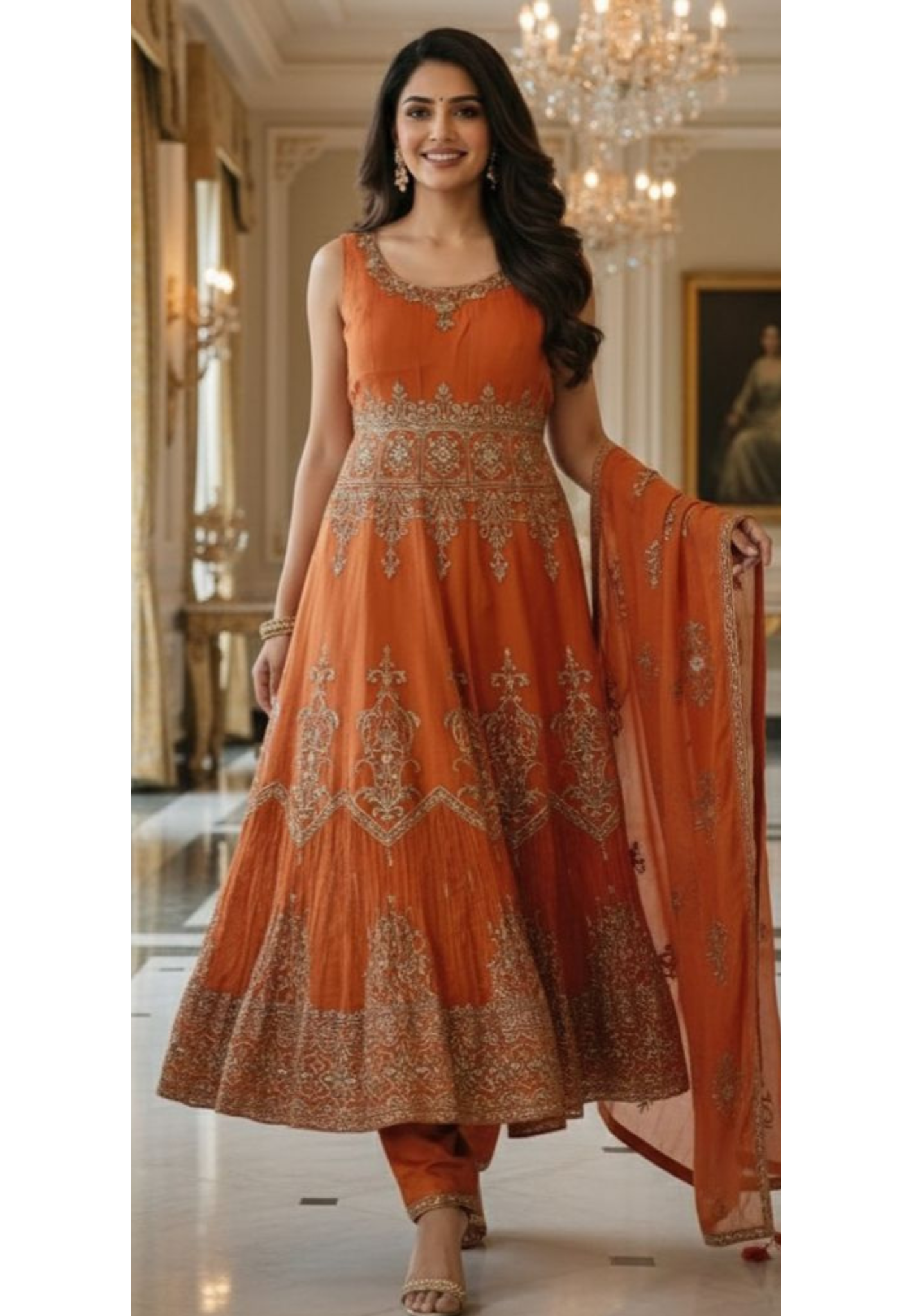 Premium Zardosi Placement Work Padded Sleeveless Flared Anarkali Suit With Dupatta In Pure Fabric- 12042