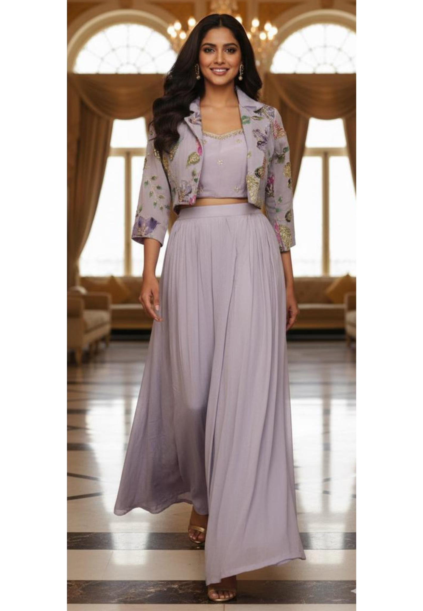 Stylish Floral Collared Jacket With Buster & Chinon Flared Loose Palazzo Bottom Indo Western Wear- 12025