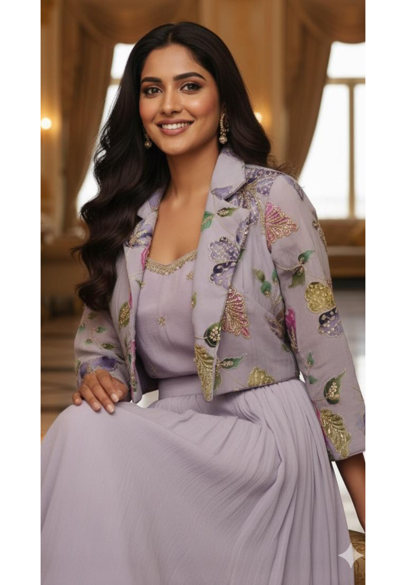 Stylish Floral Collared Jacket With Buster & Chinon Flared Loose Palazzo Bottom Indo Western Wear- 12025