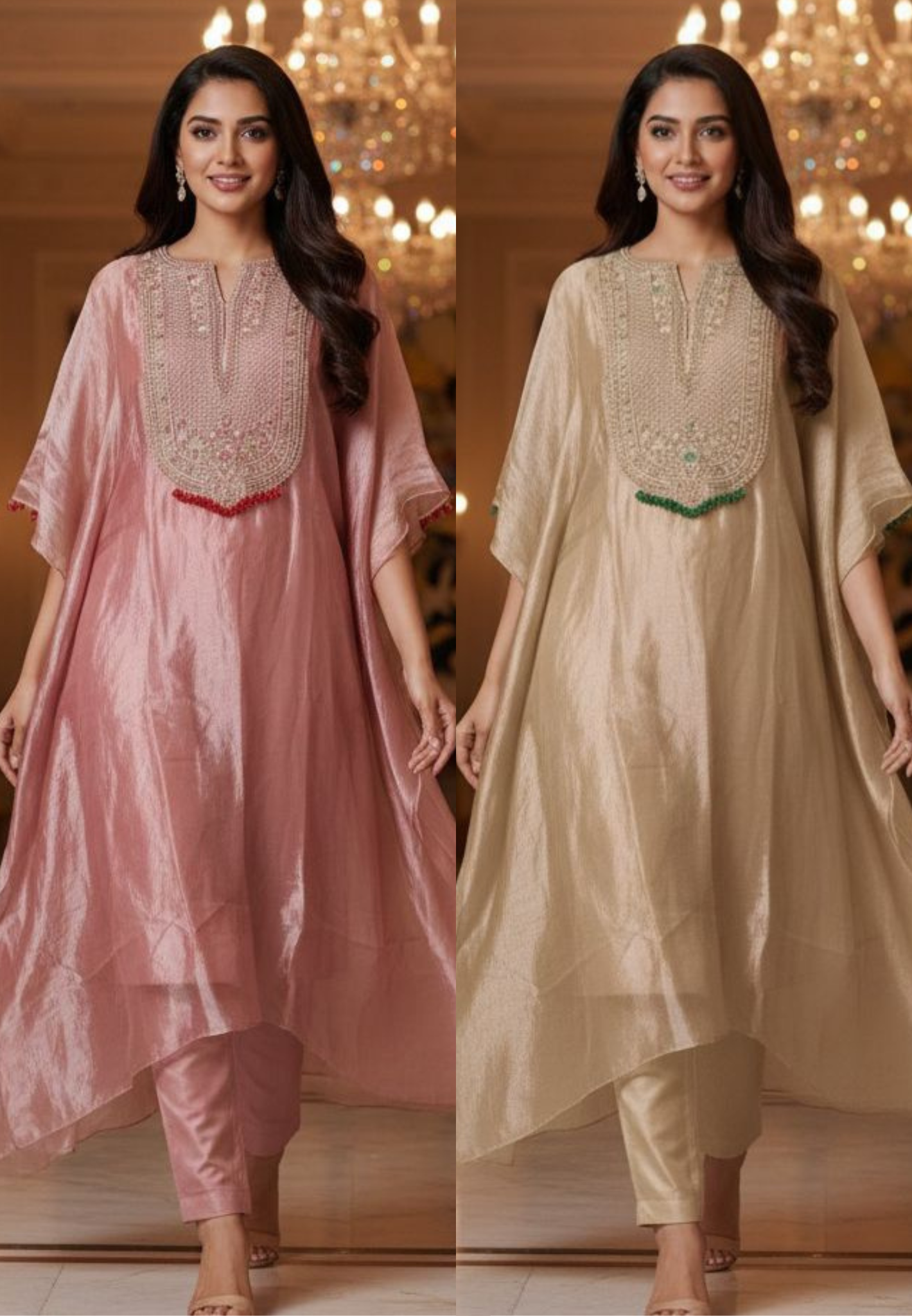 Premium Pure Tasselled Handwork Tissue Kaftan With Coordinated Inner & Bottom