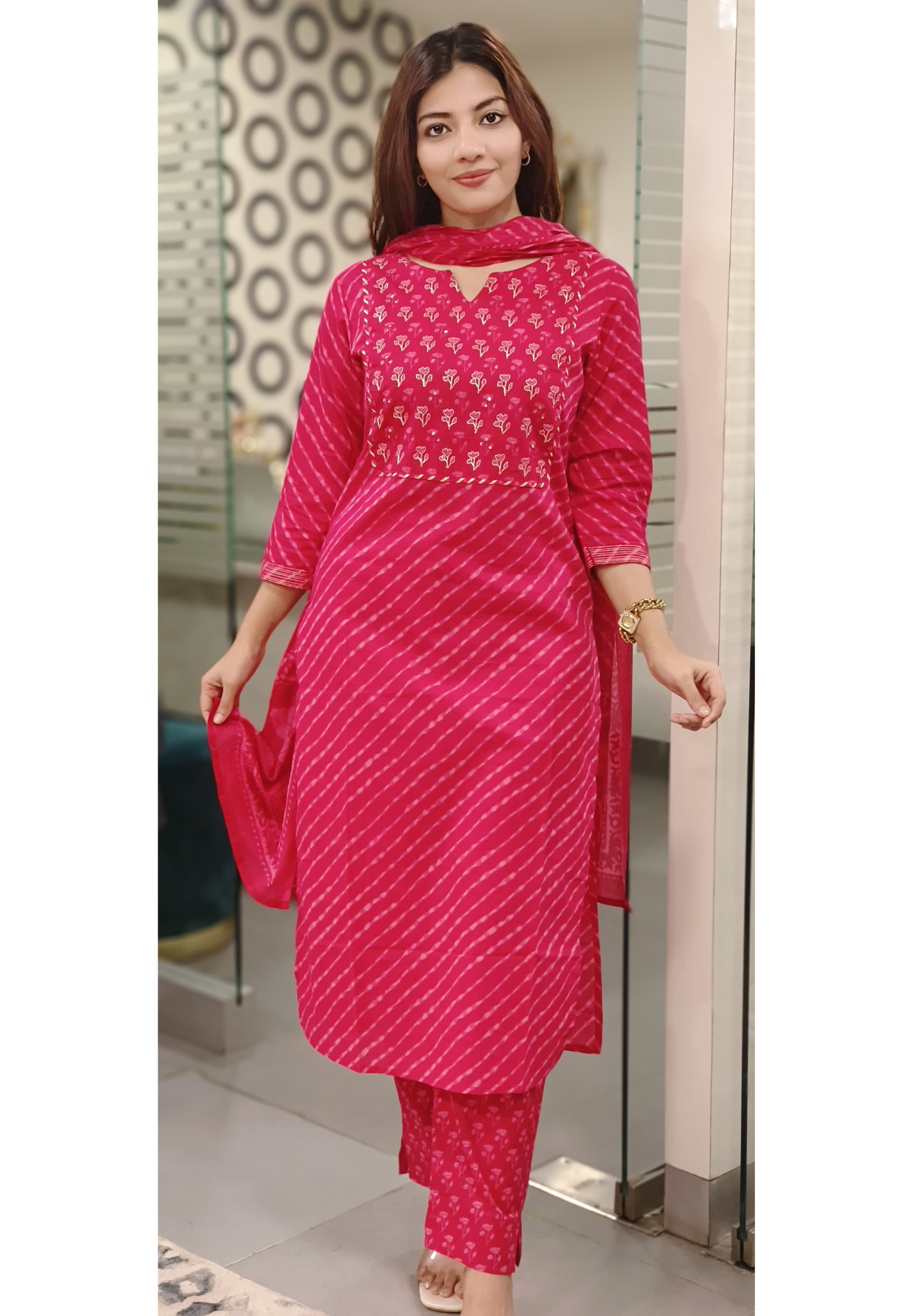 Floral Printed Full Suit Set With Dupatta In Cotton Fabric-10302-10303