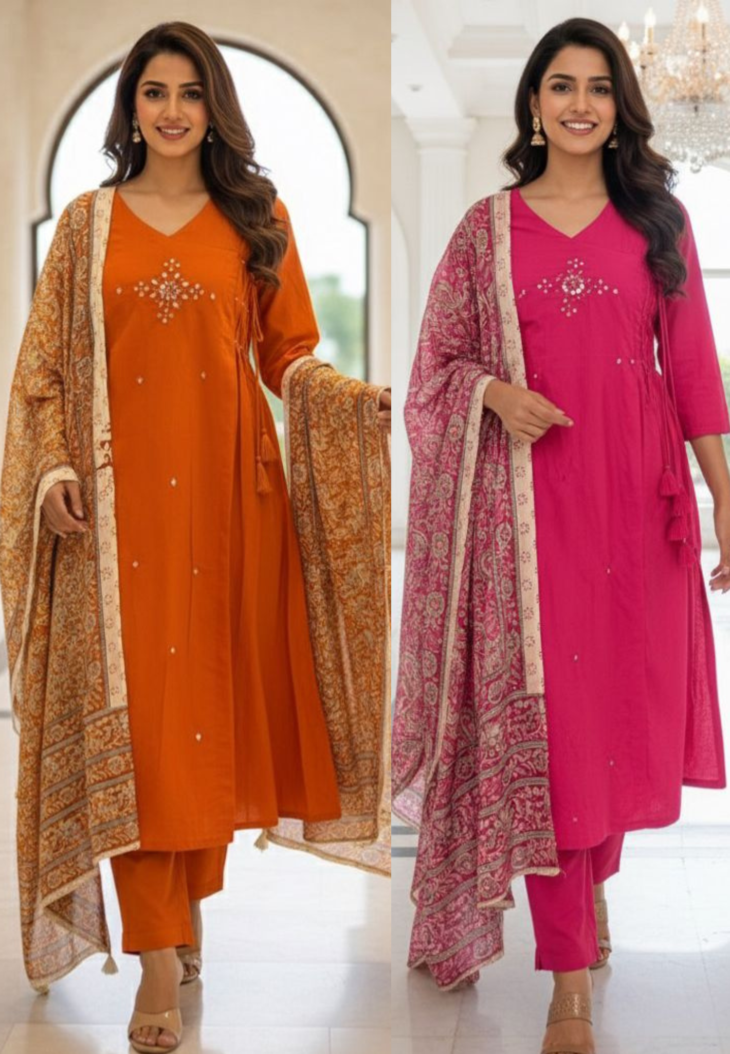 Zig-Zag Side Knotted Real Mirror Front Work Full Suit Set With Dupatta In Cotton Fabric- 12096, 12097