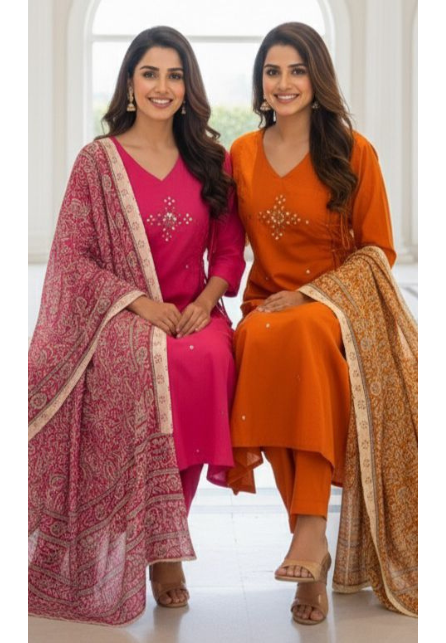 Zig-Zag Side Knotted Real Mirror Front Work Full Suit Set With Dupatta In Cotton Fabric- 12096, 12097
