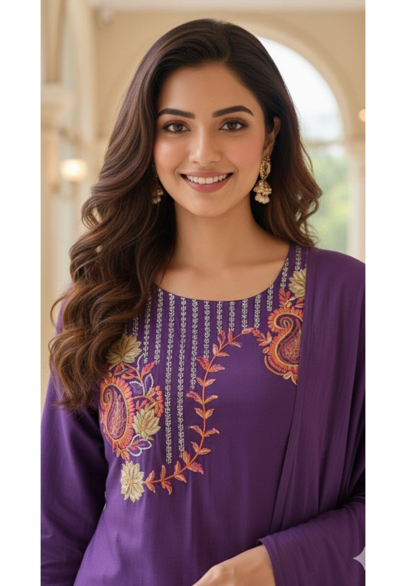 Placement Thread Embroidered Full Suit Set With Dupatta In Cotton Fabric- 11799