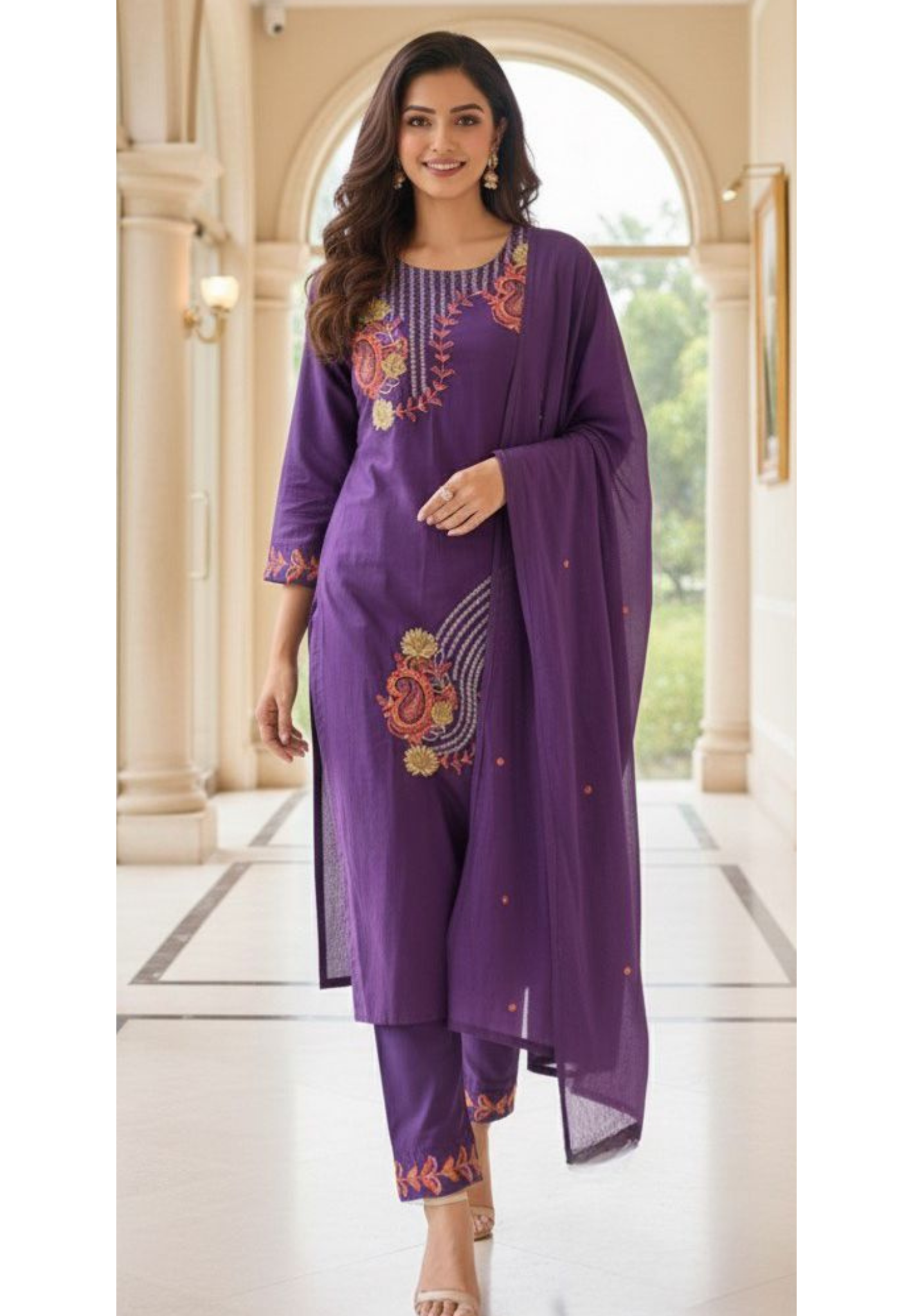 Placement Thread Embroidered Full Suit Set With Dupatta In Cotton Fabric- 11799