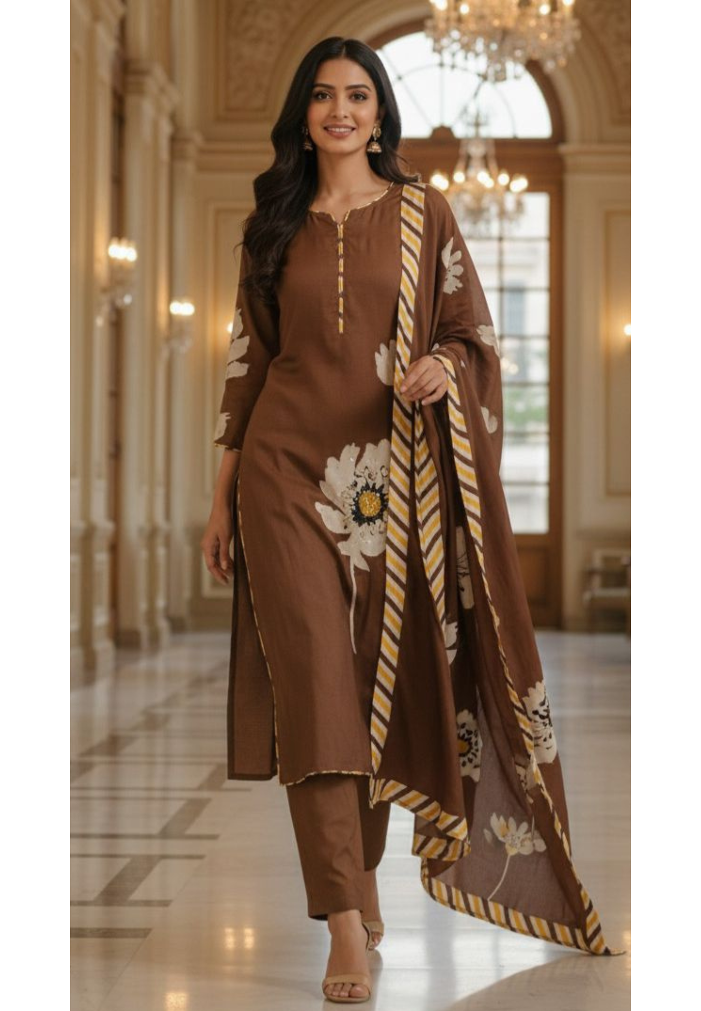 Simple Look Floral Patched Solid Full Set With Dupatta In Russian Silk Fabric-11012