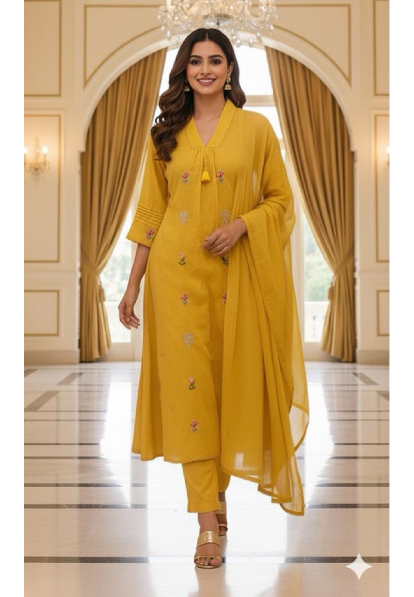 Sunshine Elegance Beautiful Mul Cotton Embroidered Aline Full Suit Set With Dupatta- 12091