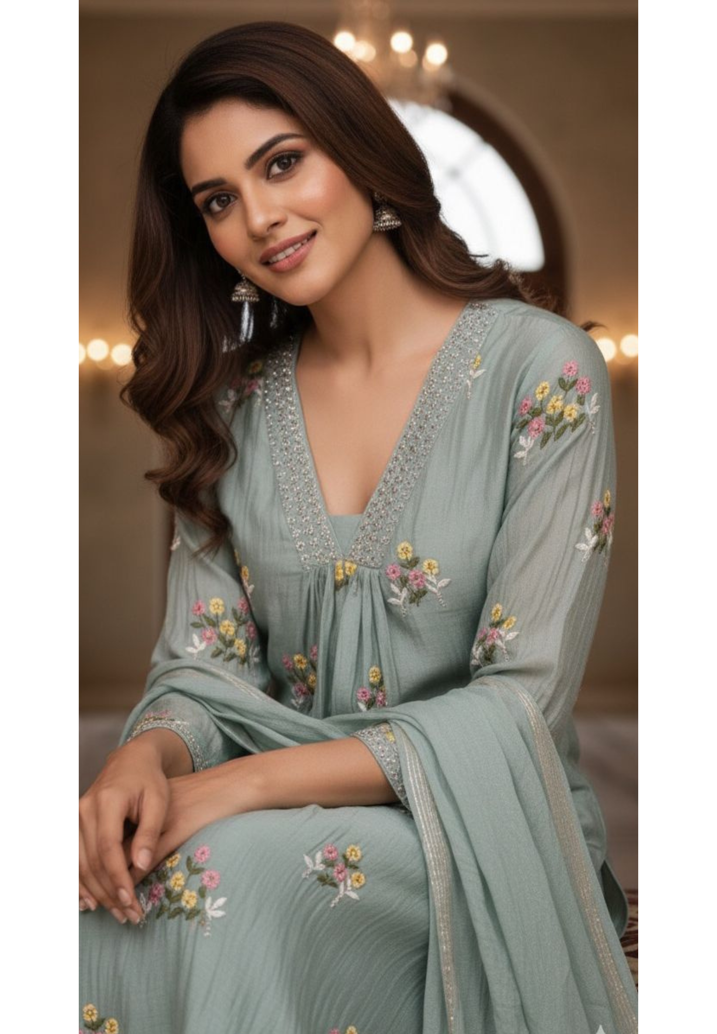 Graceful Floral Thread Embroidery V-Neck Stone Touch A-Line Full Suit Set With Dupatta In Mul Chanderi Fabric- 11833