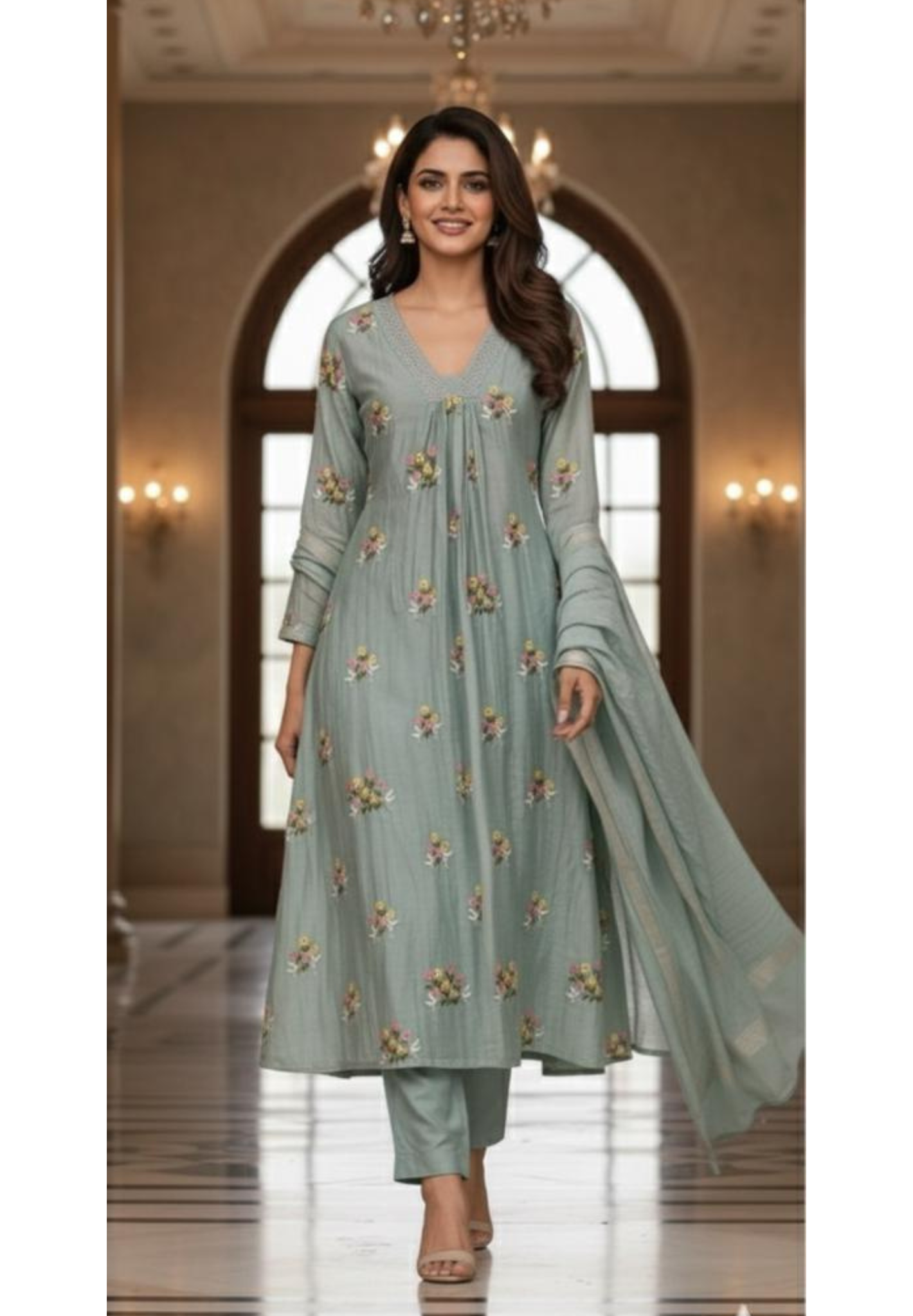 Graceful Floral Thread Embroidery V-Neck Stone Touch A-Line Full Suit Set With Dupatta In Mul Chanderi Fabric- 11833