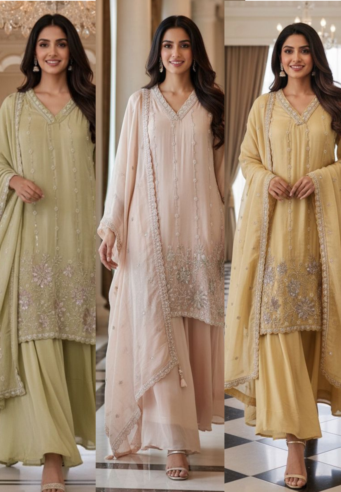 Shimmer Tissue Kurta with Loose Palazo Set with Hand Embellished Floral Hemline and V-Neck Detailing Full Set- 12131, 12130, 12129