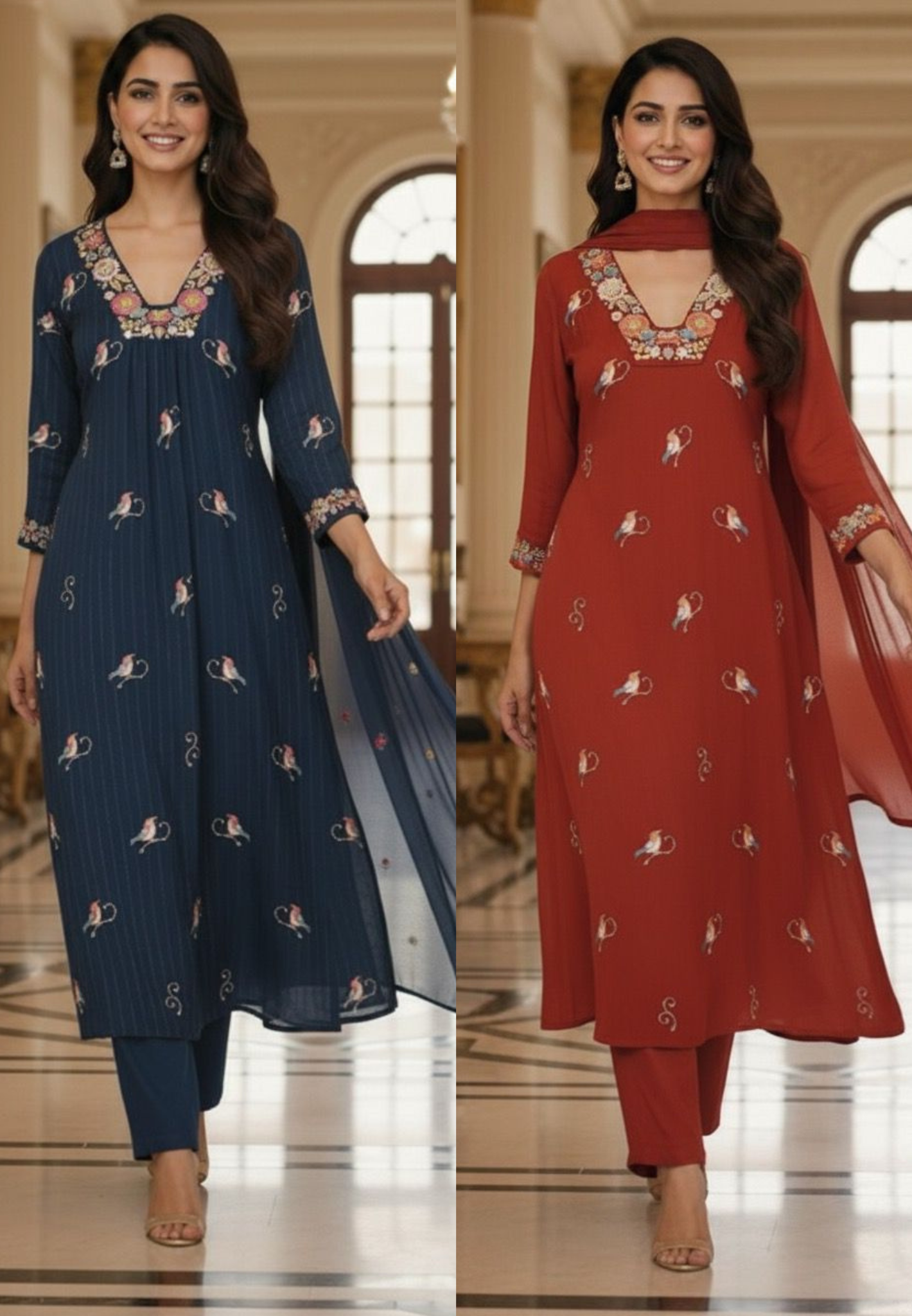 Crush Cotton Fabric Long Kurta With Thread Embroidery, Floral Yoke Design and Bird Patterns Full Set- 11471, 11470