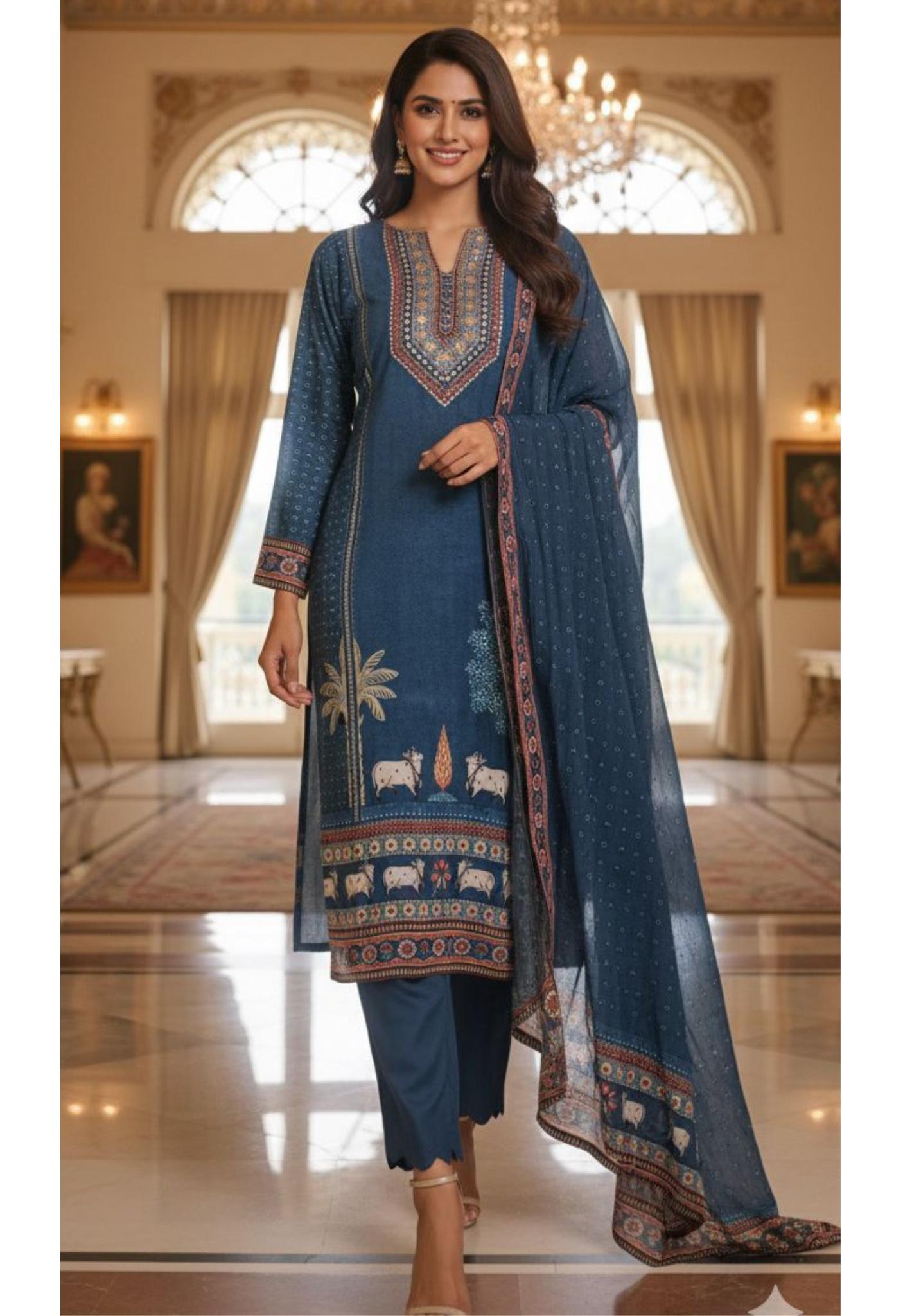 Designer Crepe Suit in Deep Blue Shade Adorned with Sacred Cow Figures and Heritage Prints-12082