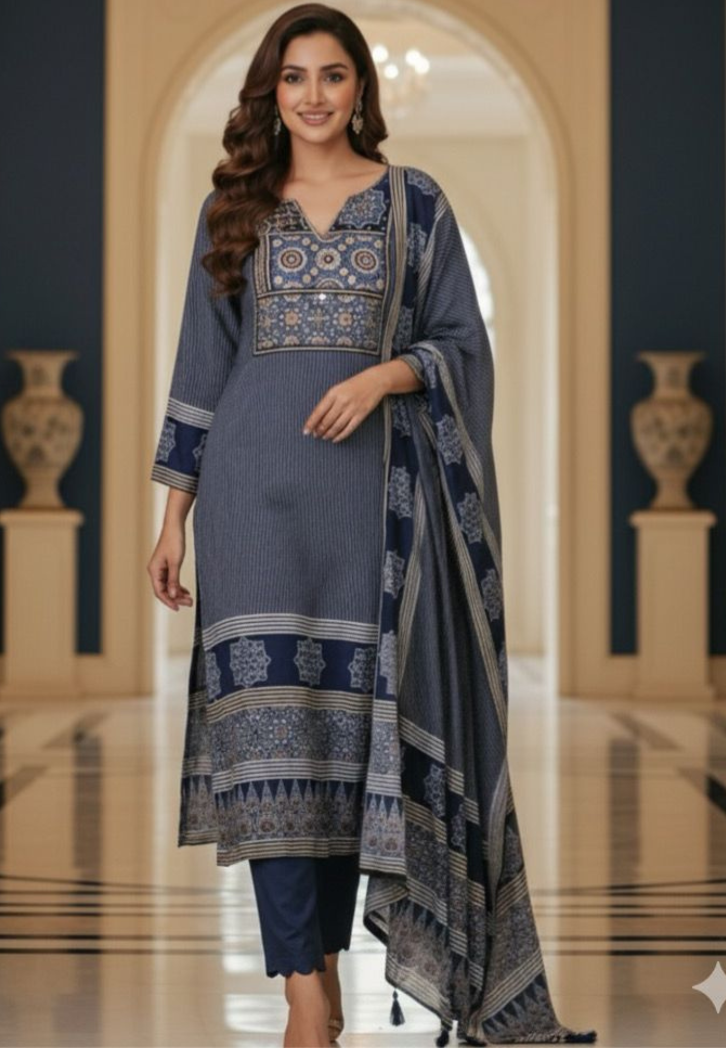 Striped Abstract Print Full Suit Set With Dupatta In Crepe Fabric- 12112