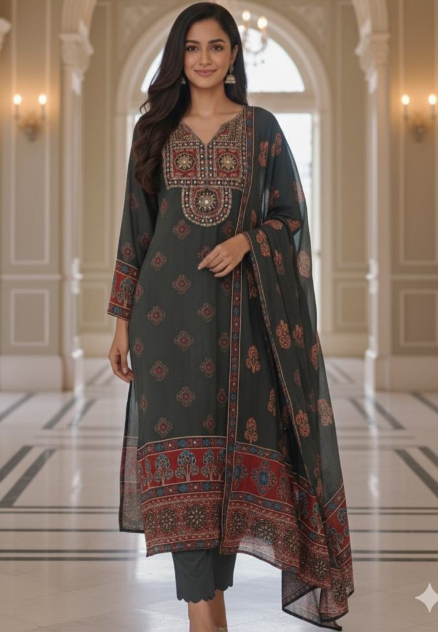 Foil Mirror Upwork Floral Print Full Suit Set With Dupatta In Crepe Fabric- 12110