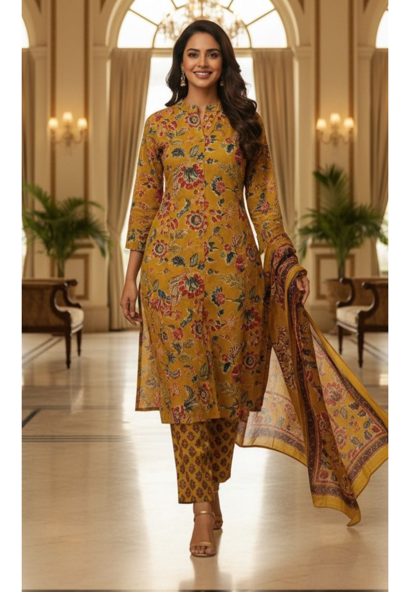 Multi Color Floral Printed Pure Cotton Casual Kurta Pant And Dupatta Full Set-12196