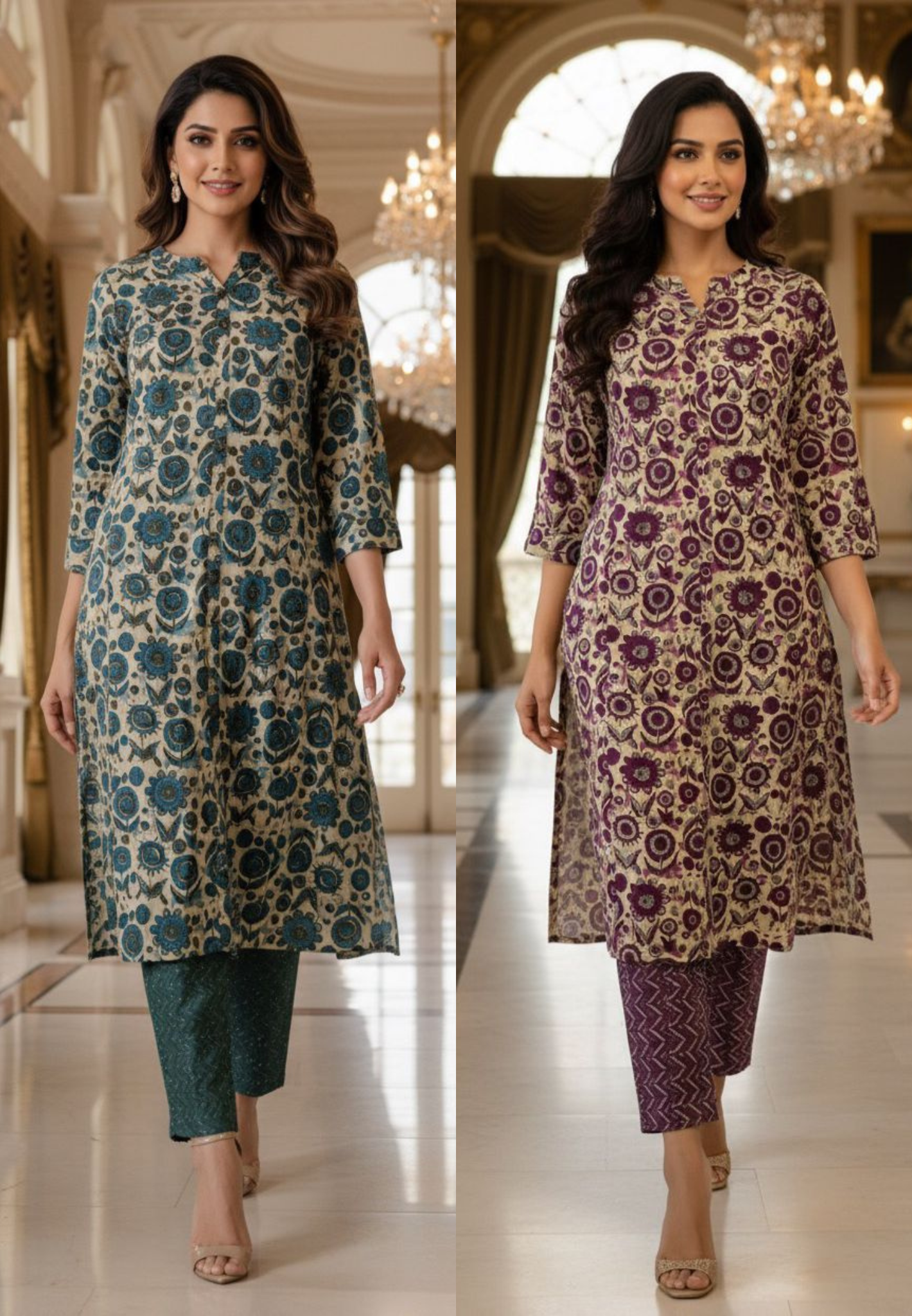 Manderian Collar Floral print Cotton A Line Kurta Pant Set-12186,12185 Dispatching From Monday