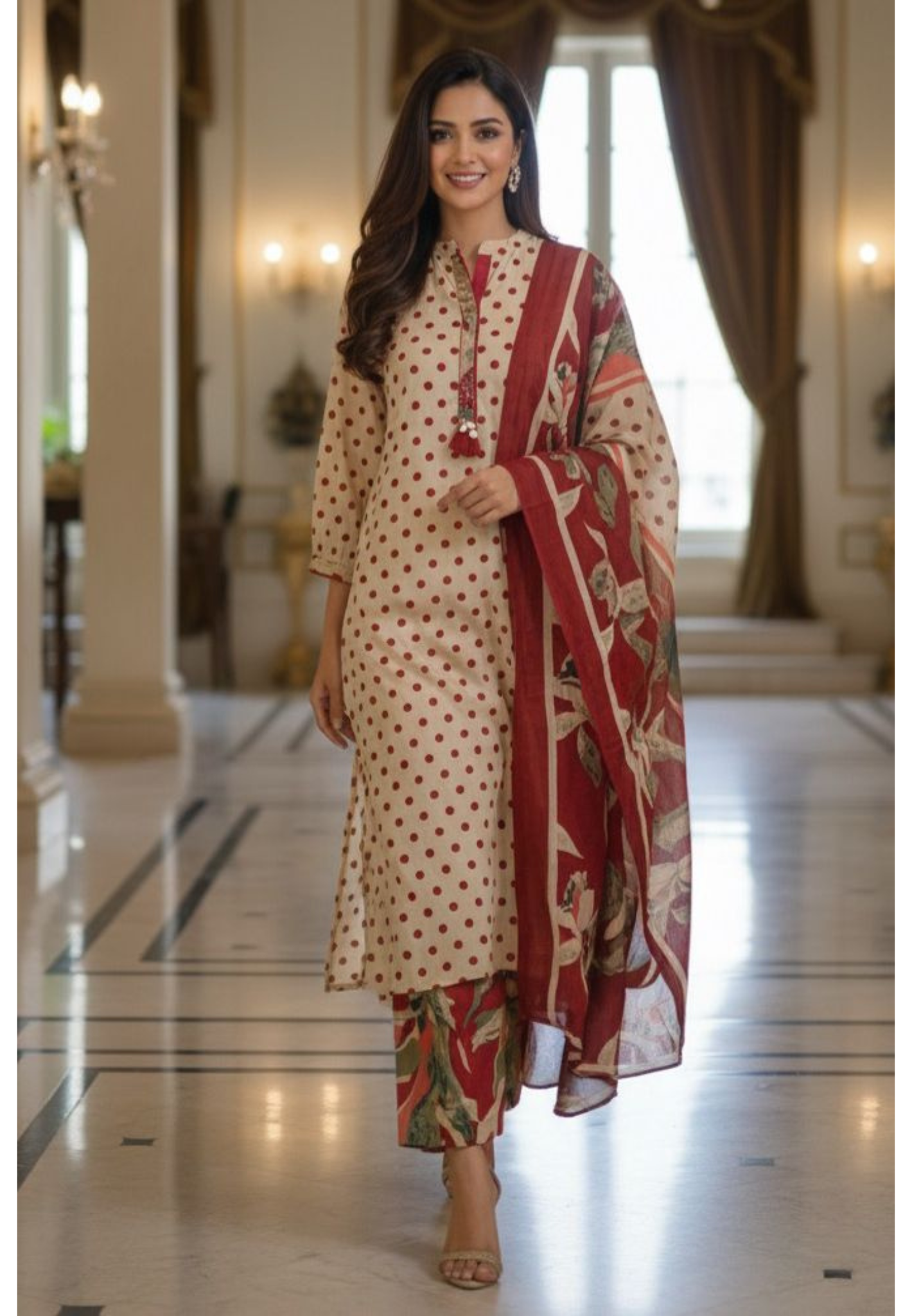 Pure Cotton Polka Dot Cotton Kurta With Floral Print Bottom And Dupatta  Full Set-1219