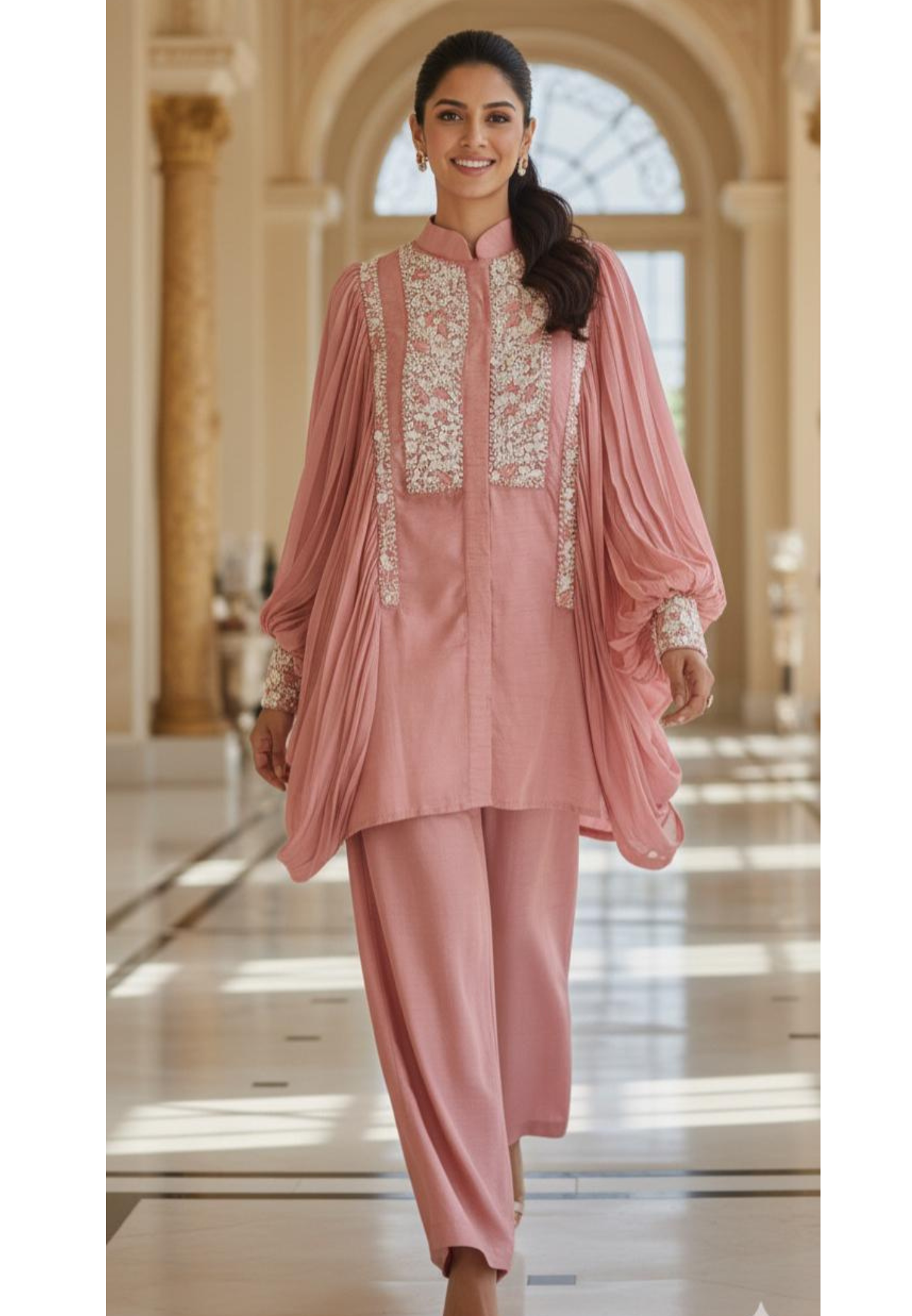 Stylish Chinon Baloon Sleeves  With Silk Fabric Cords