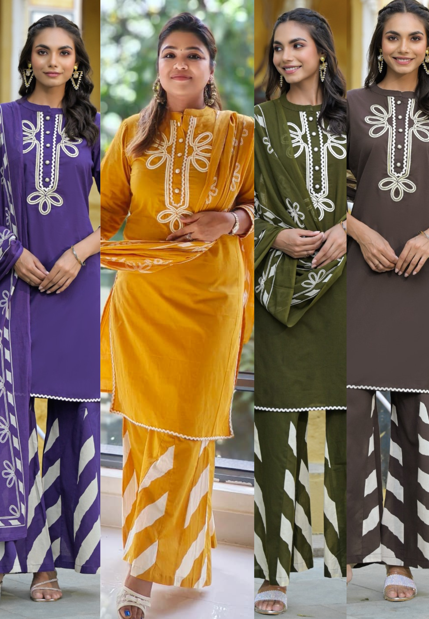 Summer Wear Embroidered Cotton Kurta With Taper Palazzo With Dupatta-12210,12211,12212,12209