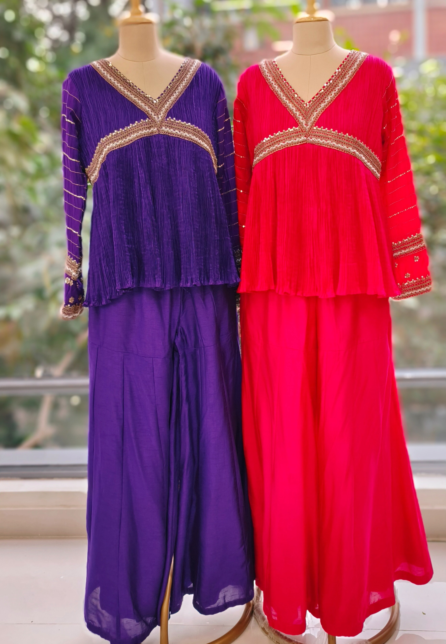 Stylish Zari Gotta Bordered Crushed Peplum Short Kurta With Flared Tapper Pannel Sharara Bottom- 11315