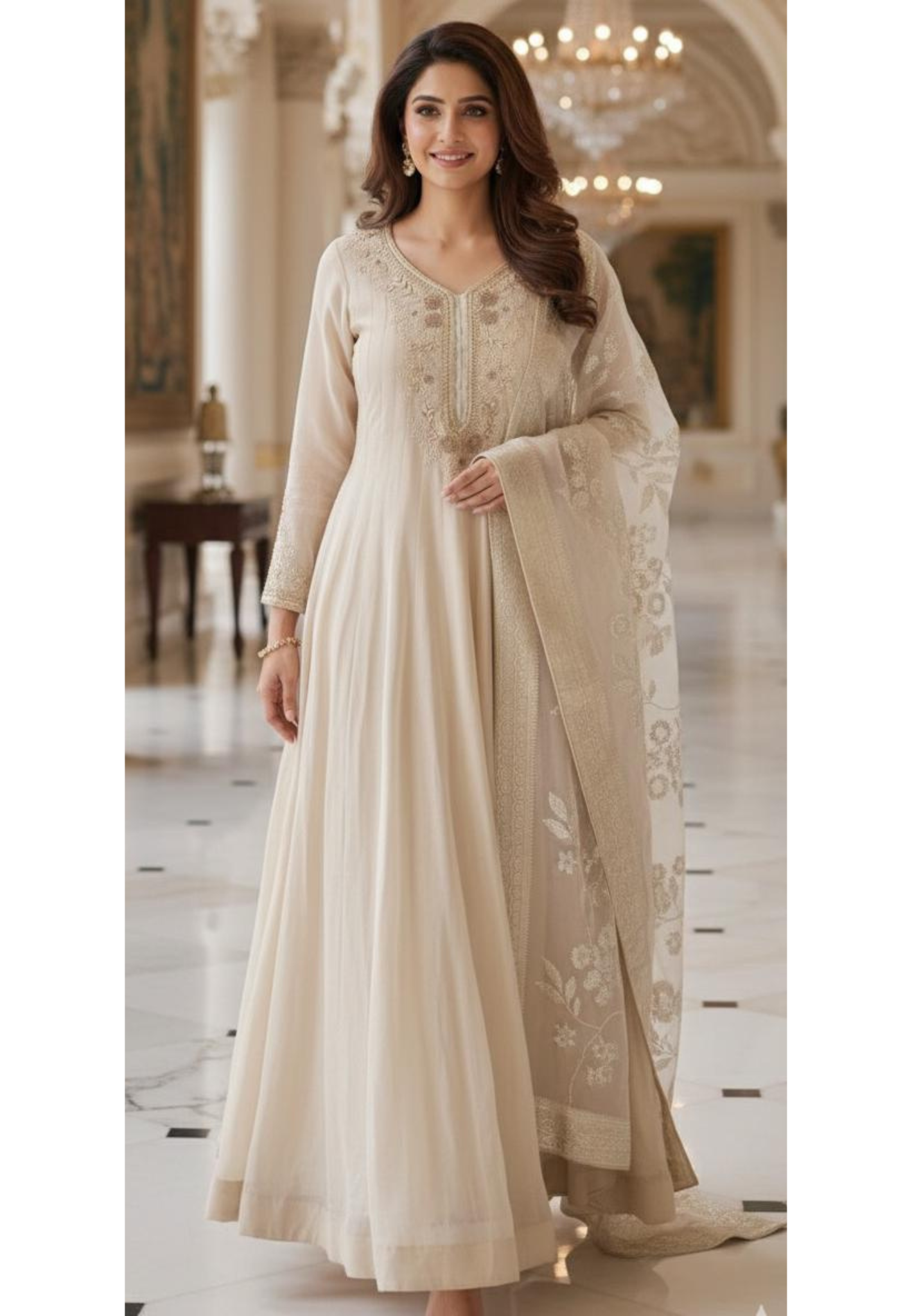 Designer Multi-Panel Anarkali Set Featuring Hand Embroidered Neckline and Dupatta In Tissue Fabric- 12310