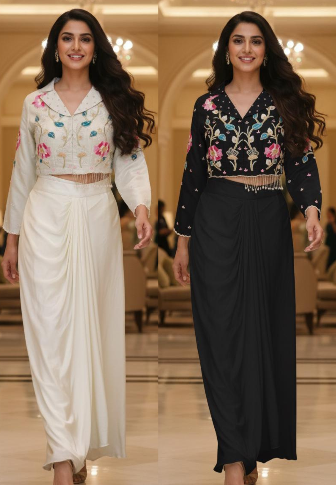 Very Elegant Cut-dana Floral Work Tassled Collared Tissue Crop Top With Drape Skirt- 12363