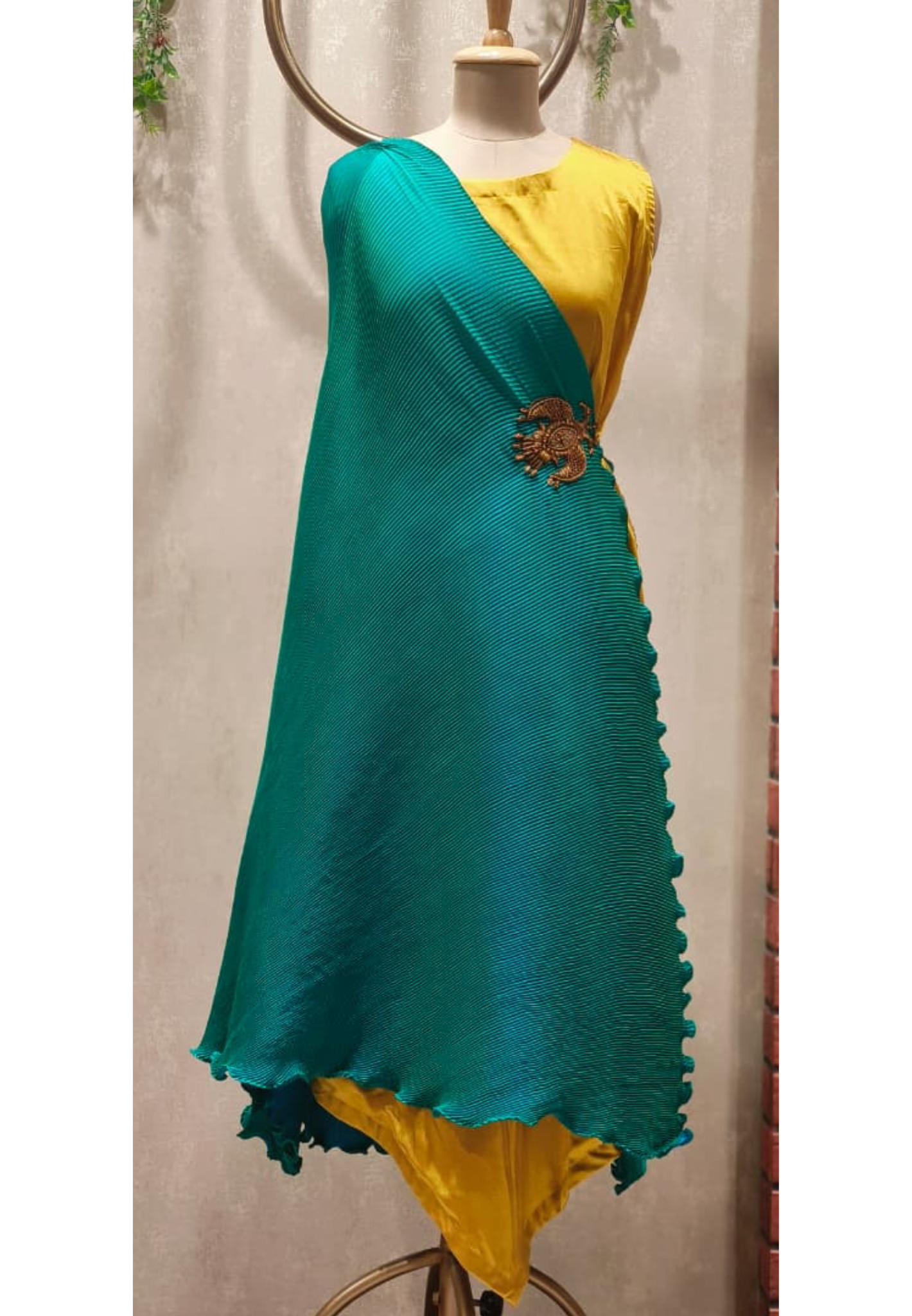 Dual Toned Crinkled Outer Look Attached Layered Gown In Gajji Silk Fabric (Attached Sleeves Inside)- 12426