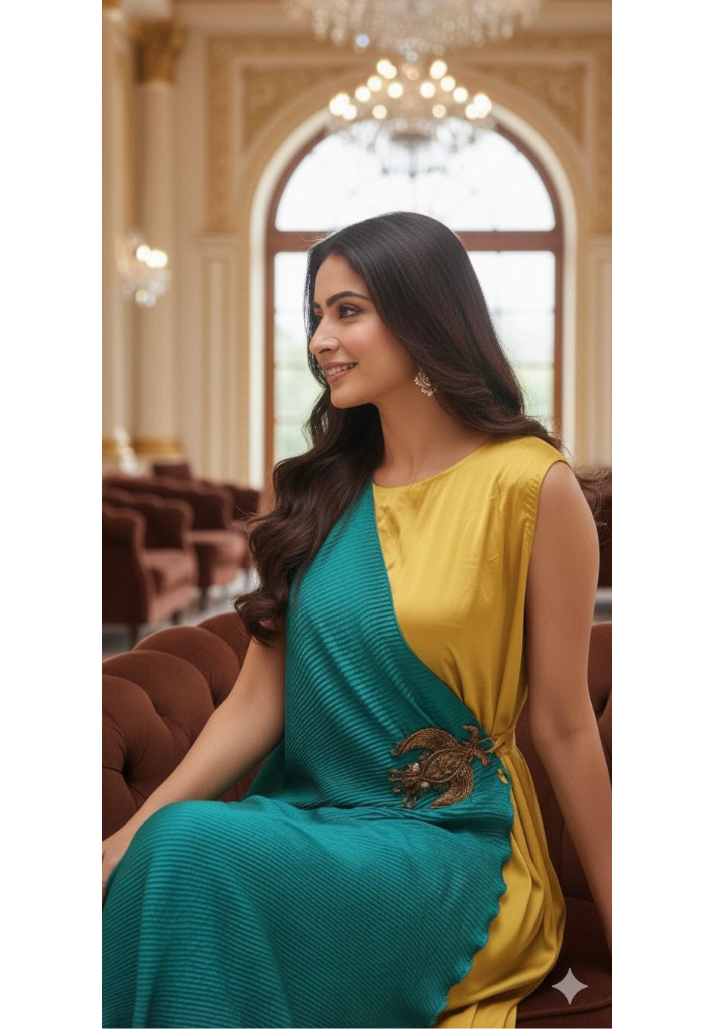 Dual Toned Crinkled Outer Look Attached Layered Gown In Gajji Silk Fabric (Attached Sleeves Inside)- 12426