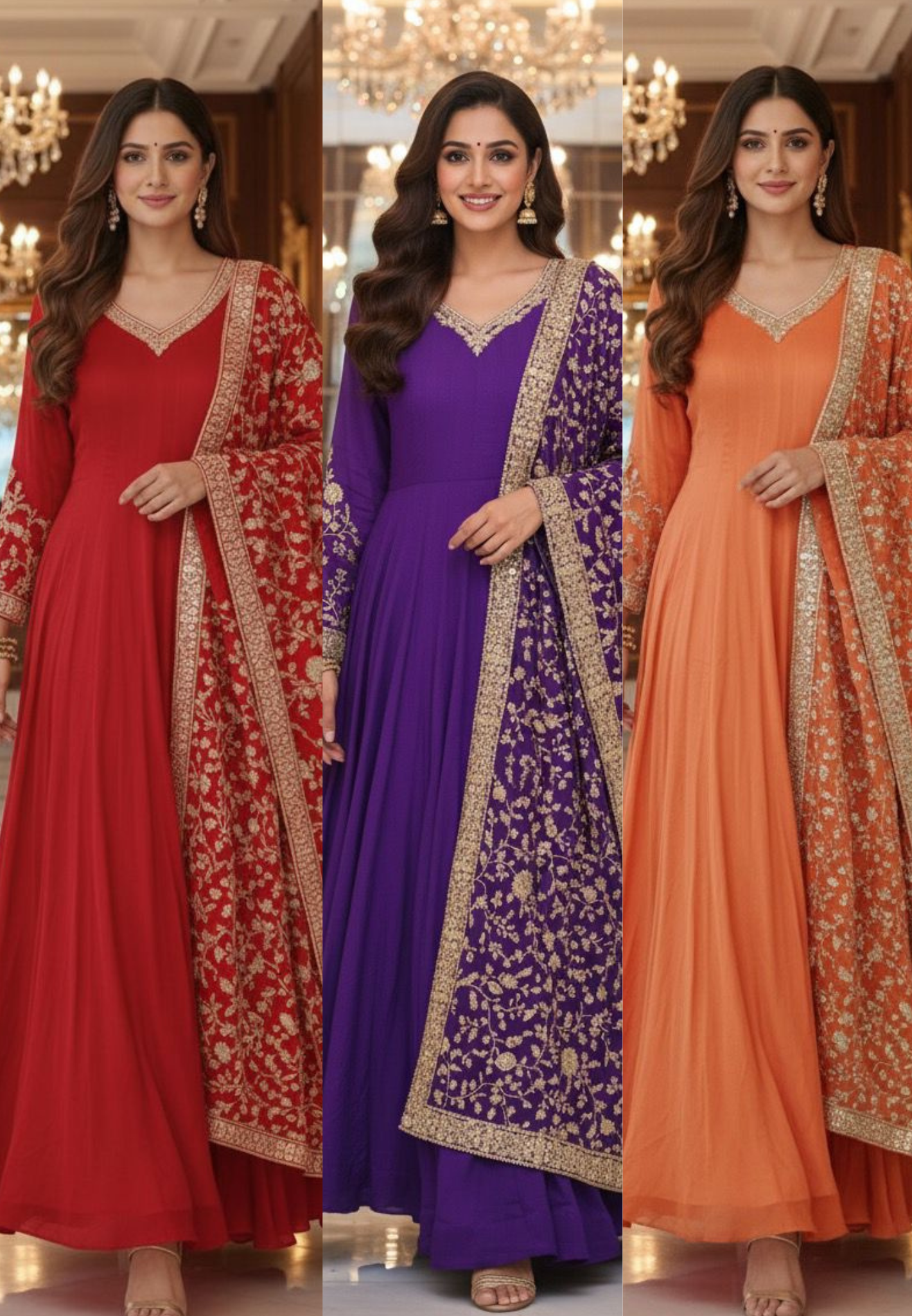 Flowy Chinon Fabric Anarkali Full Suit Set  With Contrast Heavy Embellished Dupatta