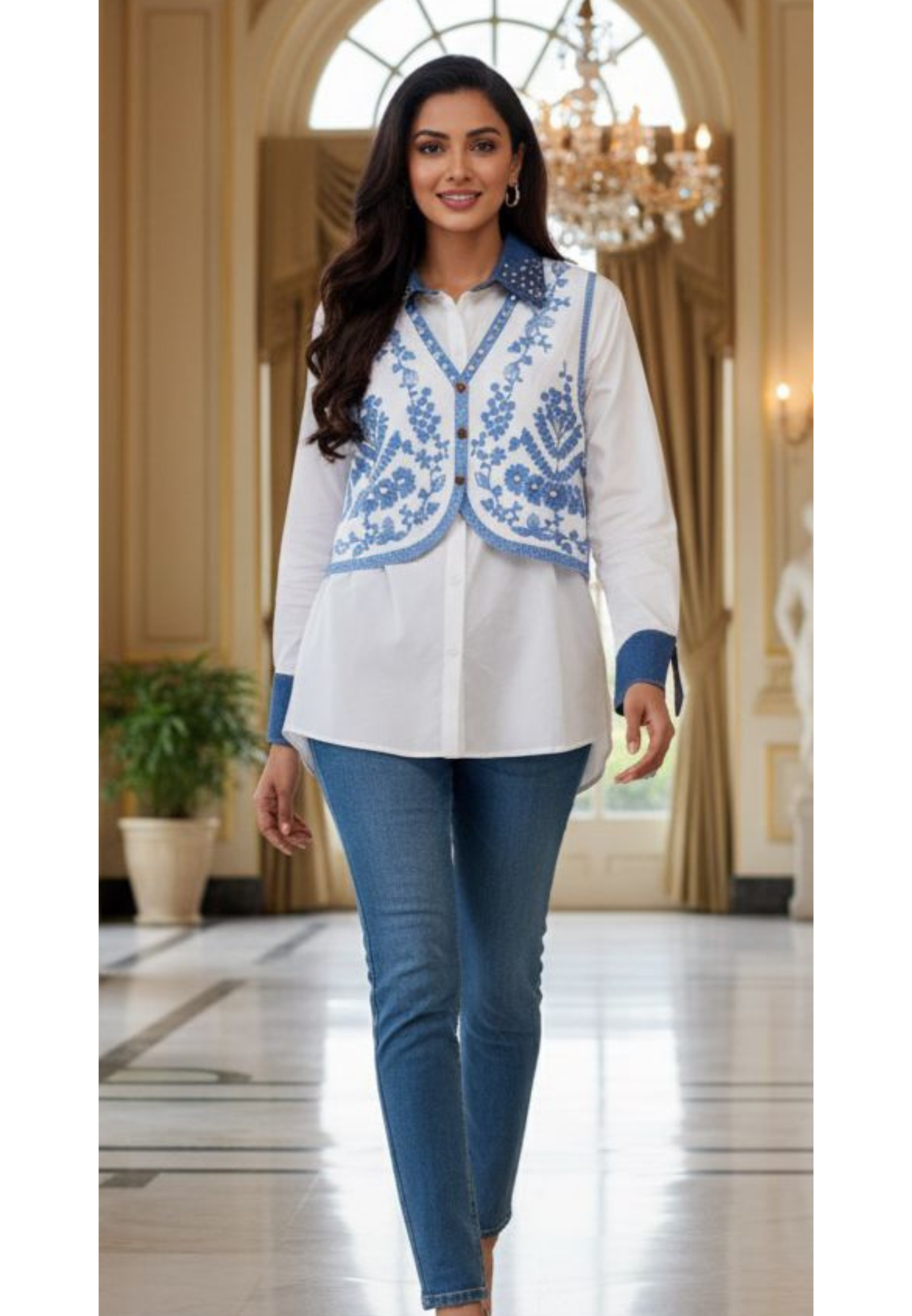 Crystal Raindrops Thread Embroidered Detachable Outer With Collared Shirt