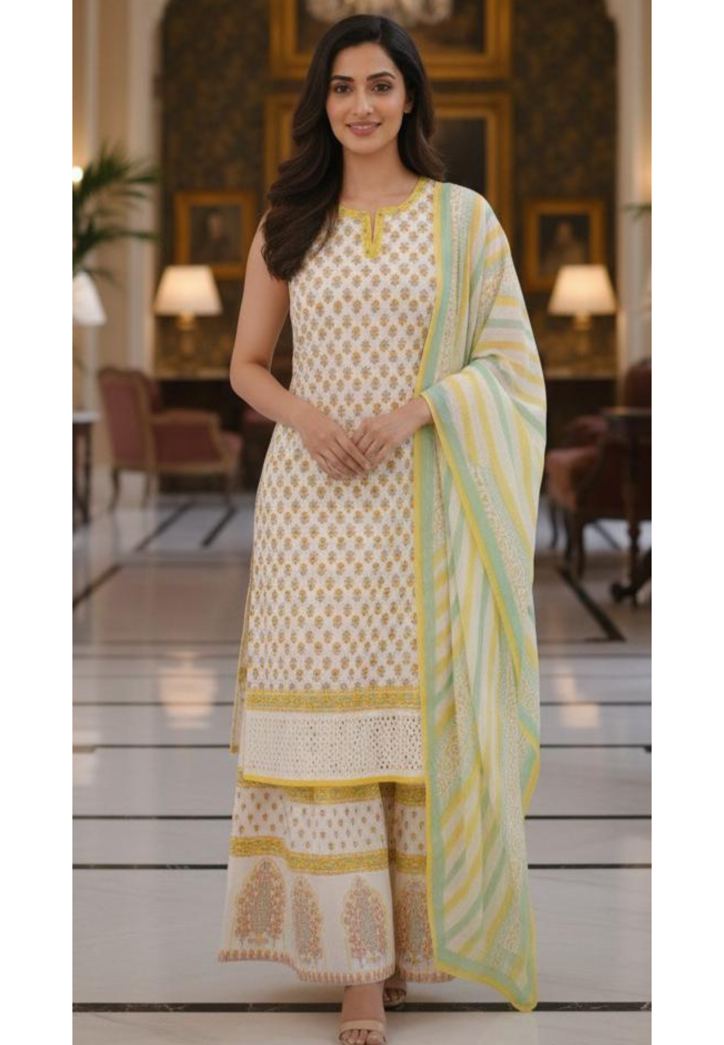 Elegant Cotton Fusion Wear Sleeveless Kurta with Sharara Bottom, Detailed Print & Soft Dupatta-12292