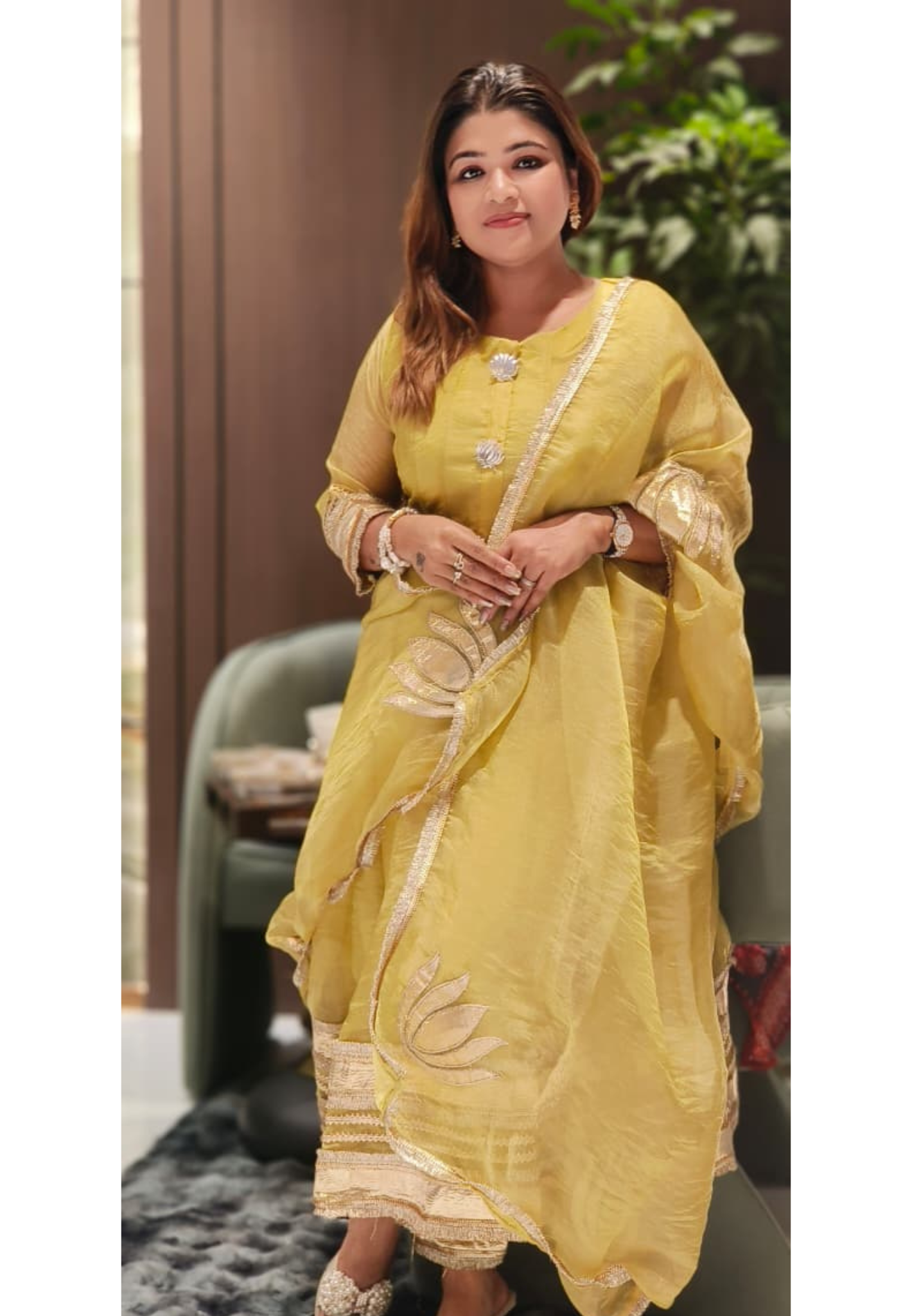 Tissue Panel Anarkali Full Suit Set With Beautiful Golden Borders & Broches