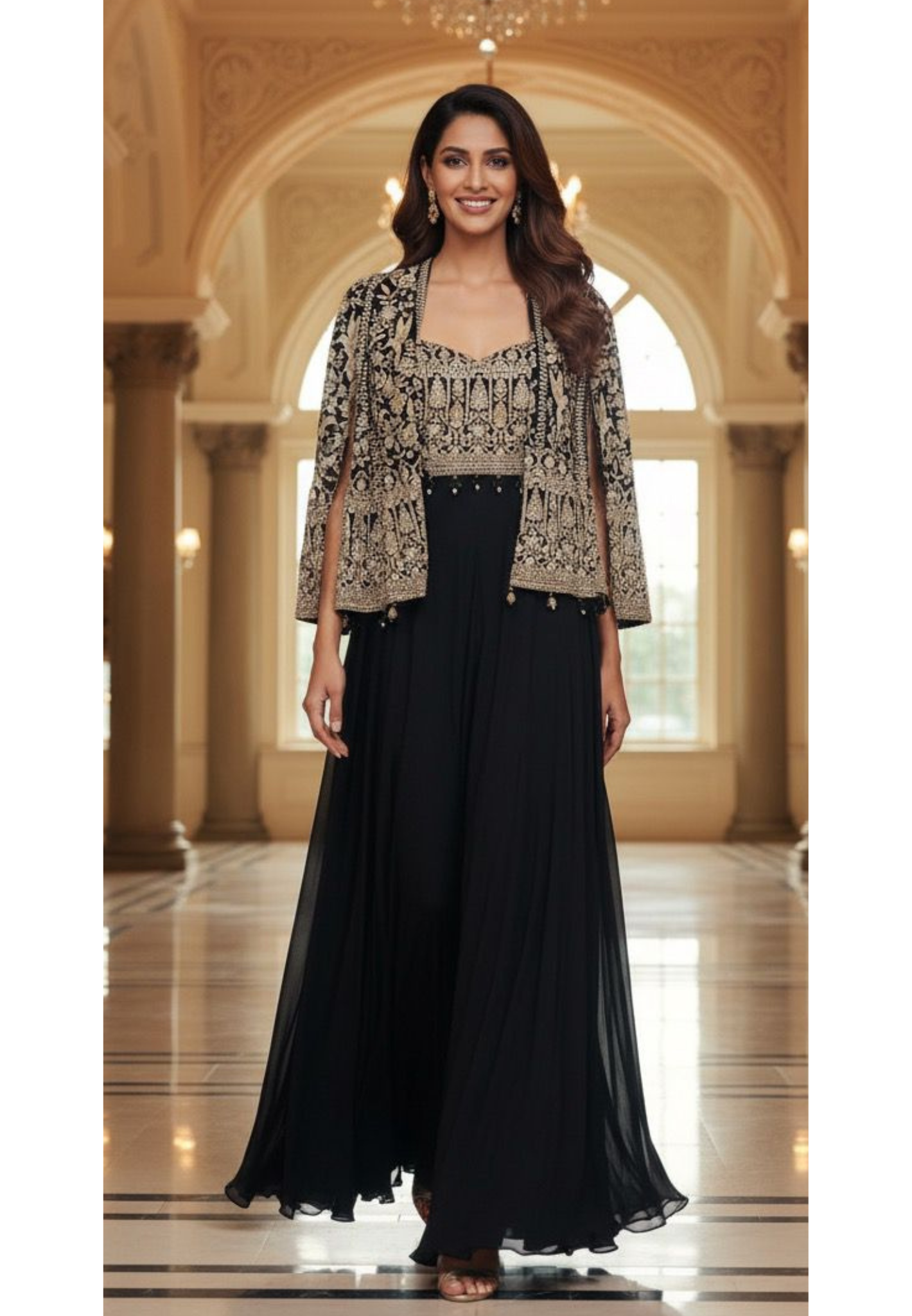Heavily Hand Embroidered Short Length Open Jacket With Crop Top & Flarred Palazzo Bottom