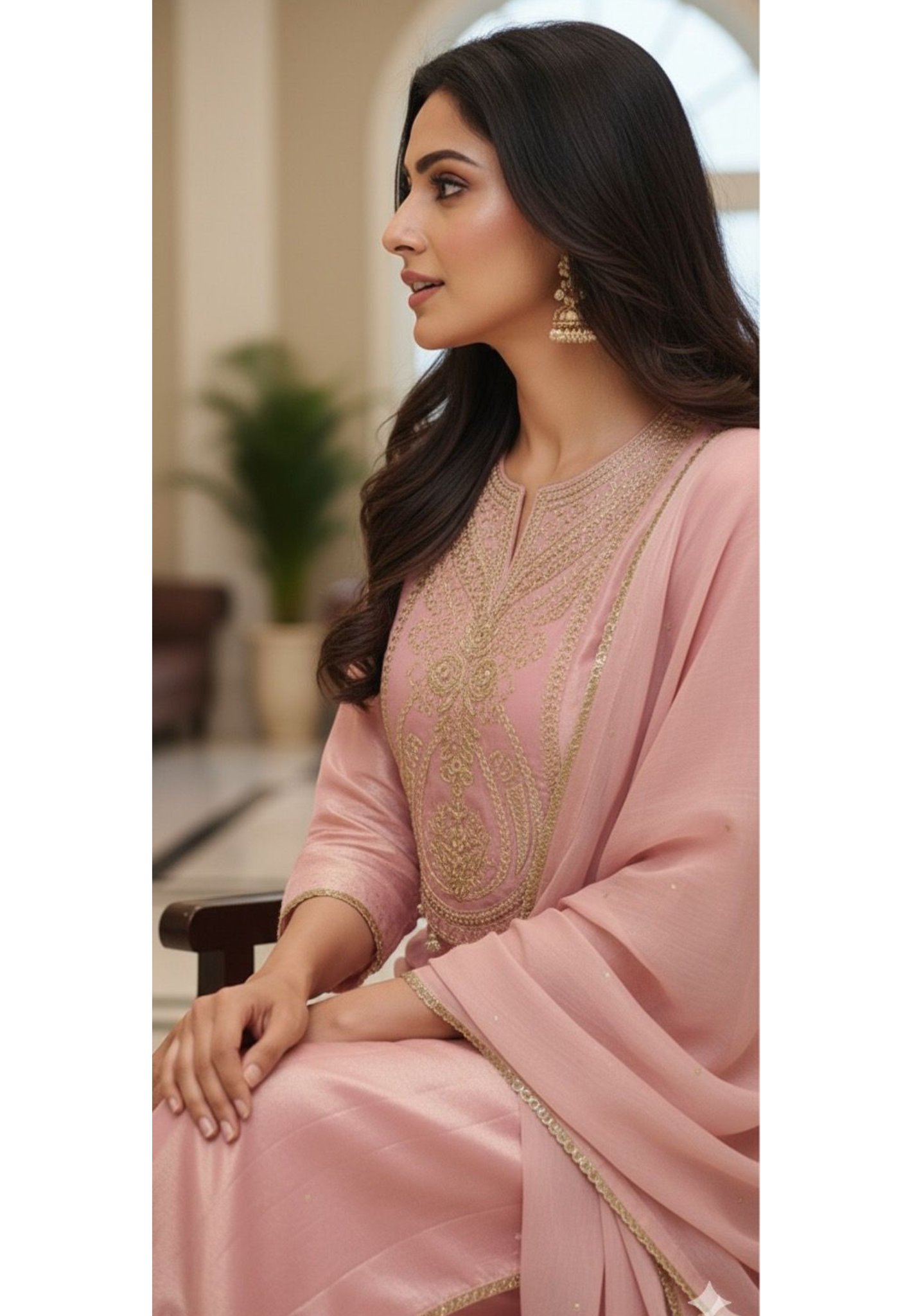 Golden Zardosi Front Work With Tassel Panel A-Line Full Suit Set Wih Dupatta In Tissue Fabric- 12547