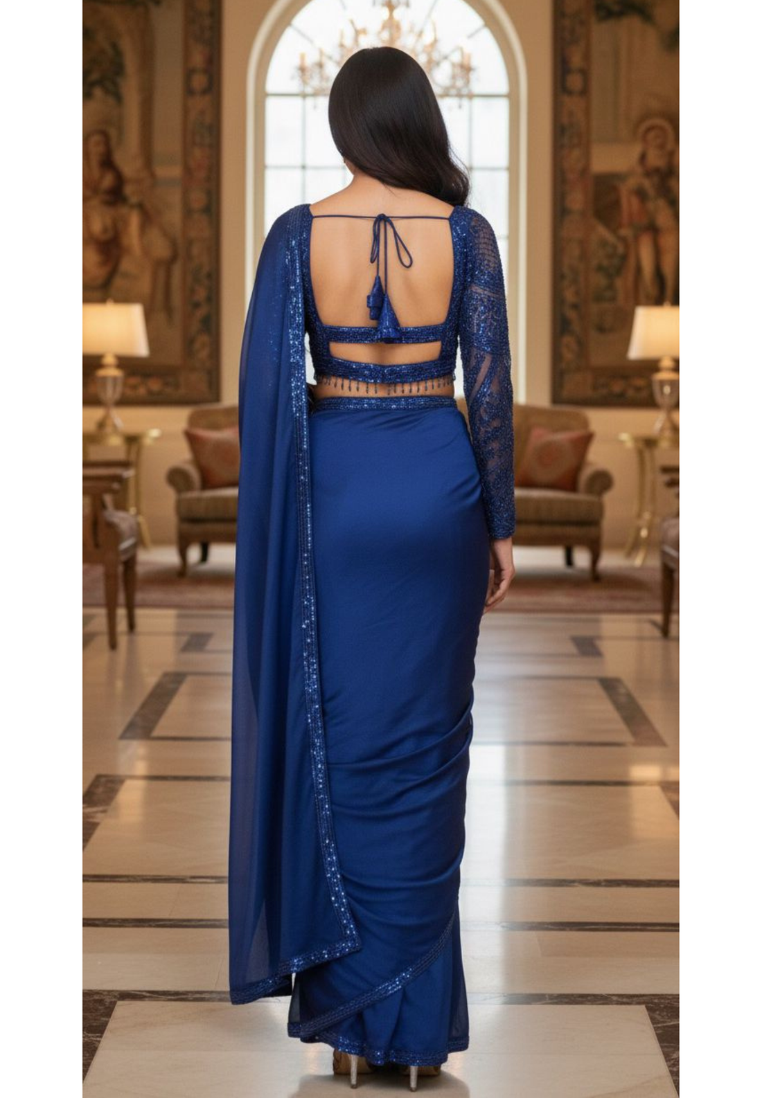 Luxury Navy Blue Partywear Ready Saree with Heavy Sequin Embroidered Blouse and Elegant Sequin Pallu-12606 RB88