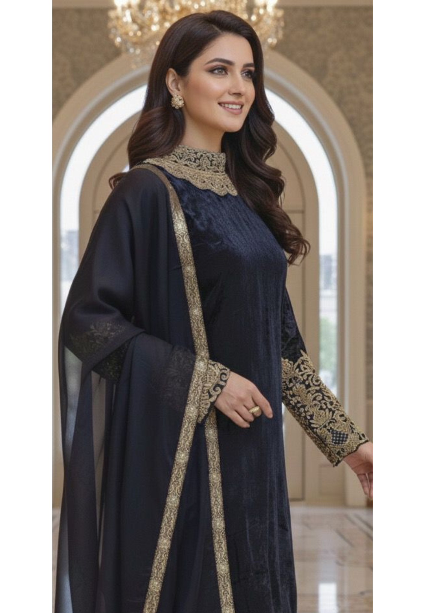 Rich Golden Zardosi Work Covered Neck Velvet Kurta With Heavy Brocade Bottom & Plain Bordered Dupatta- 12612