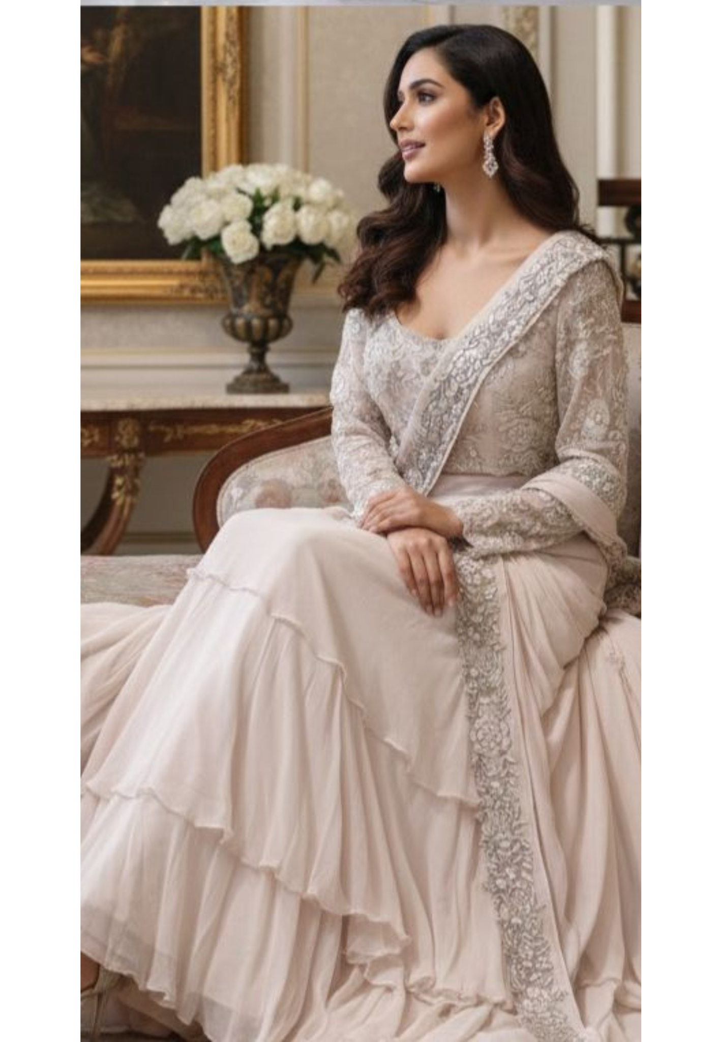 Exclusive Ruffle Lehenga Outfit with Designer Floral Embellished Blouse and Beautifully Hand Worked Drape Dress-12609 (DISPATCHING AFTER 30 DAYS ON ORDERS)