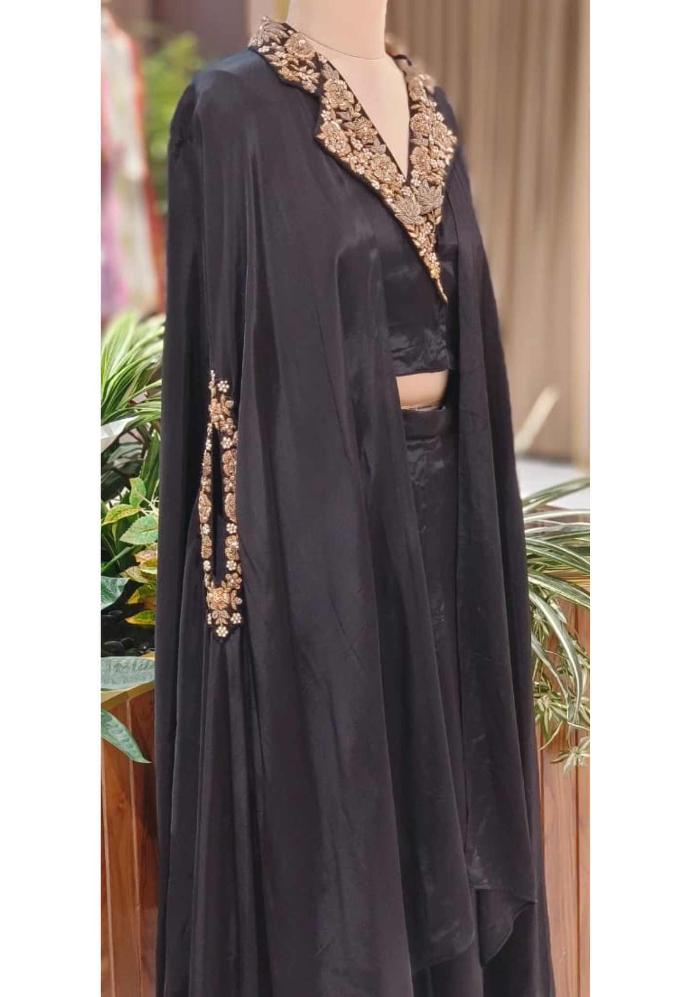 Elegant Rich Antique Gold Floral Embroidery on Neckline Collar Crop Top With Drape Skirt Bottom DRYWASH-12398,12397