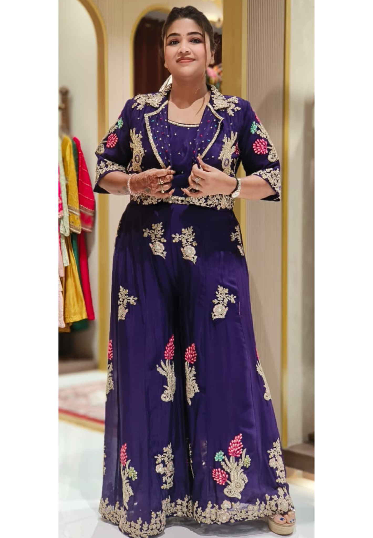 Opulent Chinon Fabric Three-Piece Palazzo Set with Rich Zari Embroidered Jacket, Stone-Studded Crop Top & Flowy Pants-12560,12559